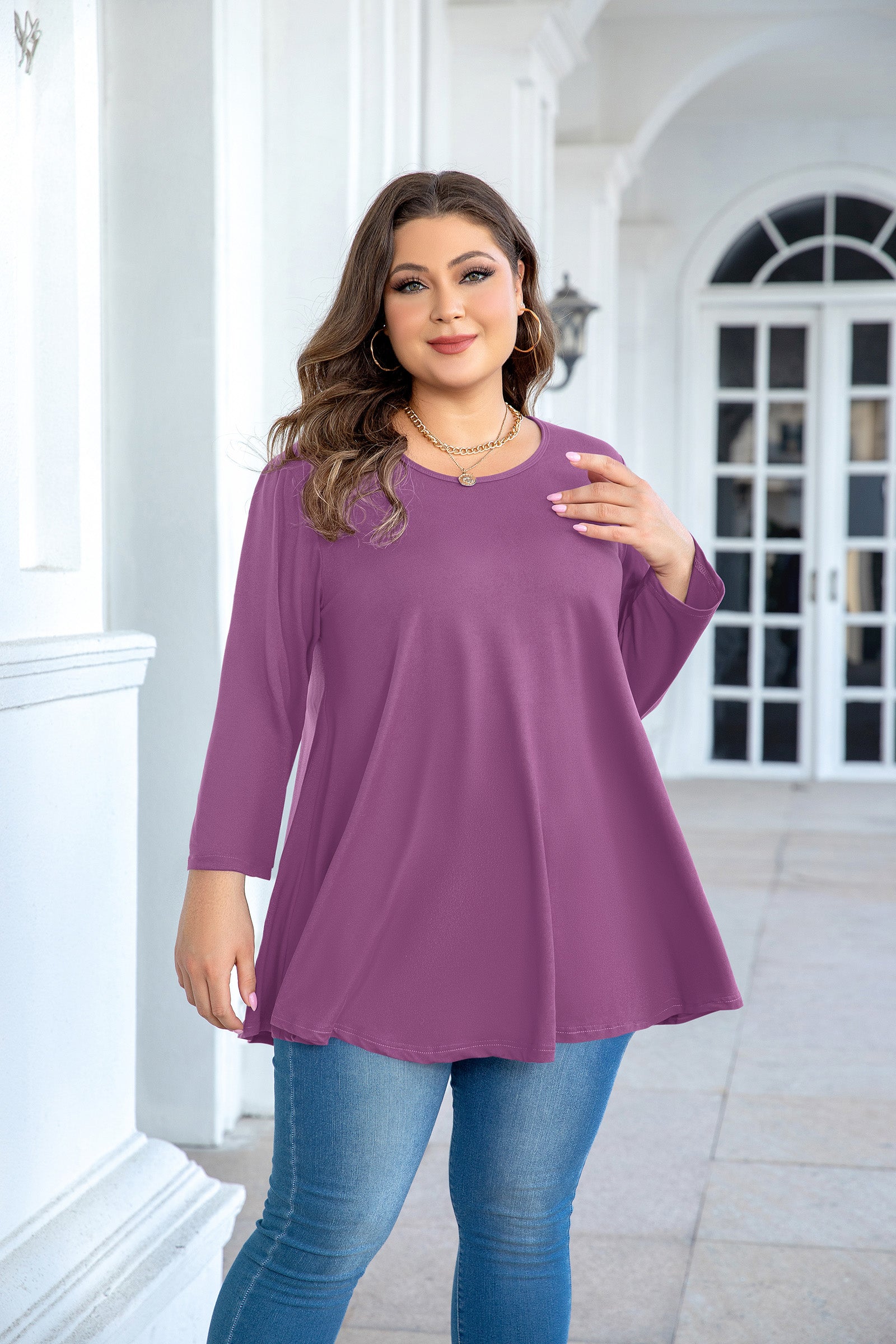 Womens Tunic Tops 3/4 Sleeve Plus Size Crew Neck Swing Flare Loose Fit T-Shirt Blouses to Wear with Leggings
