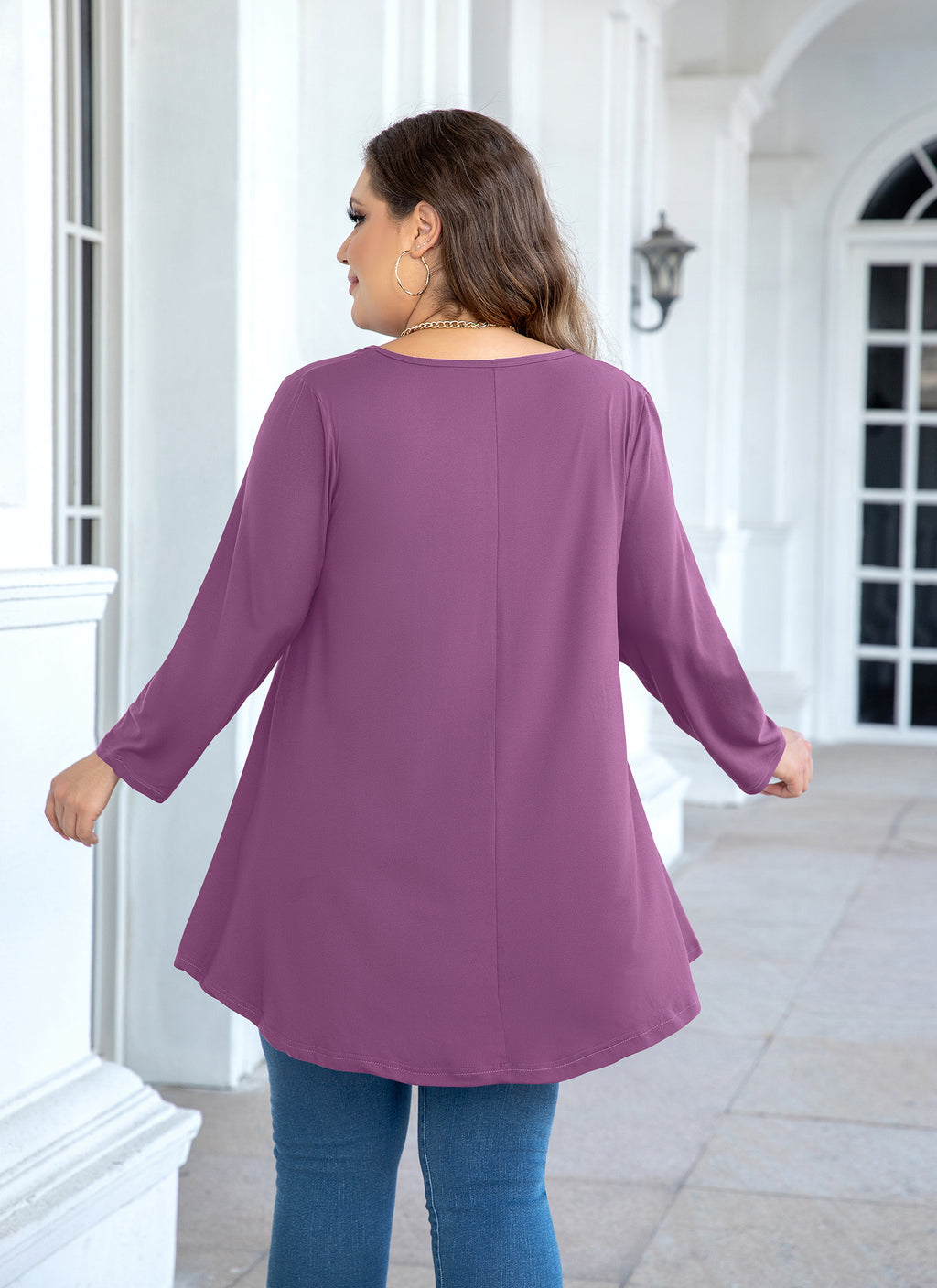 Womens Tunic Tops 3/4 Sleeve Plus Size Crew Neck Swing Flare Loose Fit T-Shirt Blouses to Wear with Leggings