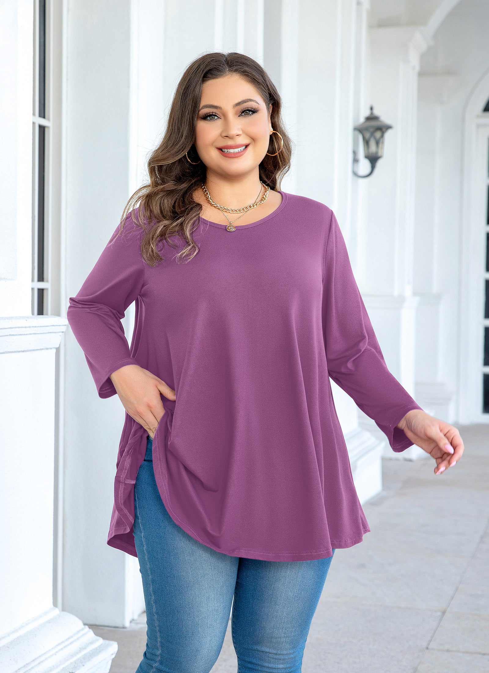 Womens Tunic Tops 3/4 Sleeve Plus Size Crew Neck Swing Flare Loose Fit T-Shirt Blouses to Wear with Leggings