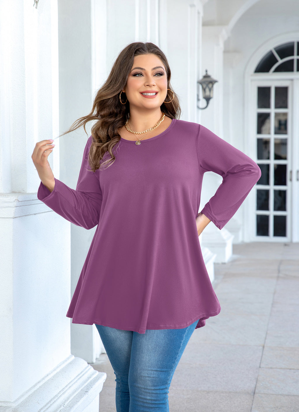 Womens Tunic Tops 3/4 Sleeve Plus Size Crew Neck Swing Flare Loose Fit T-Shirt Blouses to Wear with Leggings
