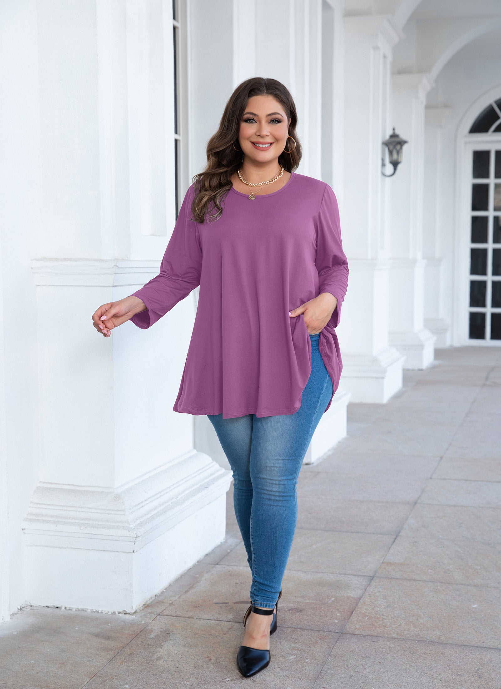 Womens Tunic Tops 3/4 Sleeve Plus Size Crew Neck Swing Flare Loose Fit T-Shirt Blouses to Wear with Leggings