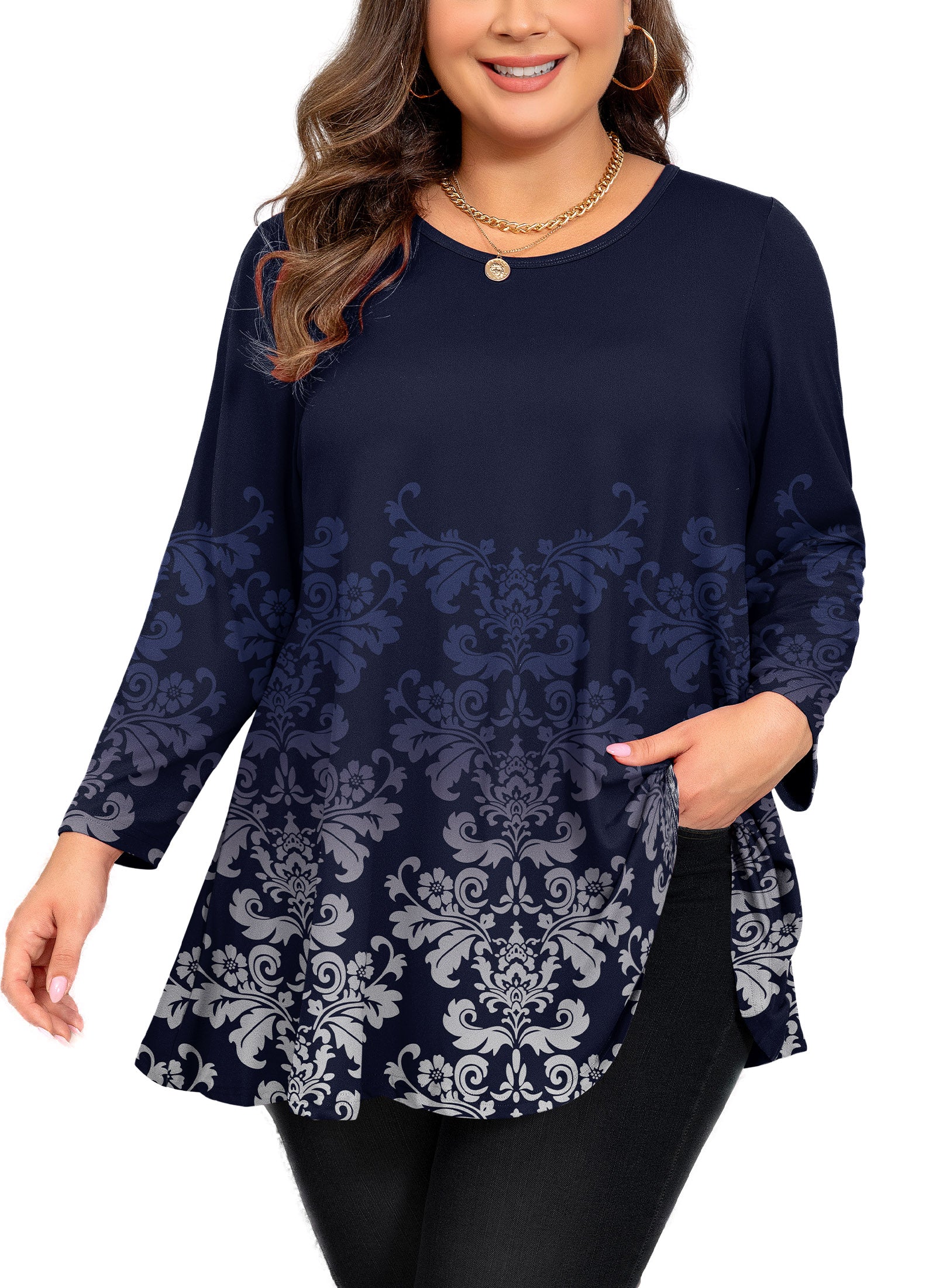 Womens Tunic Tops 3/4 Sleeve Plus Size Crew Neck Swing Flare Loose Fit T-Shirt Blouses to Wear with Leggings
