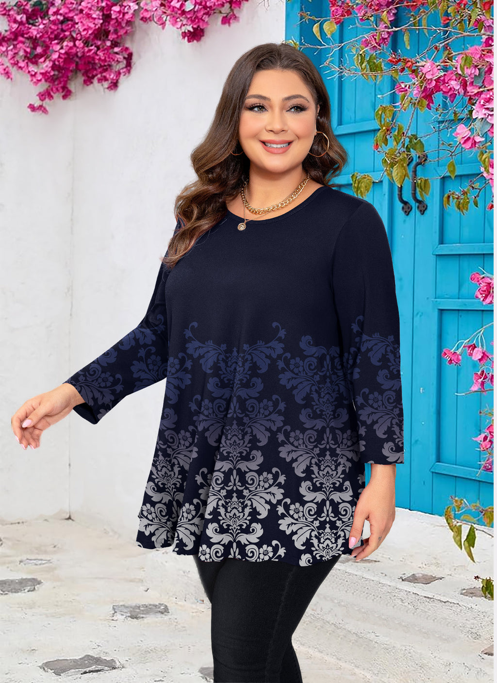 Womens Tunic Tops 3/4 Sleeve Plus Size Crew Neck Swing Flare Loose Fit T-Shirt Blouses to Wear with Leggings
