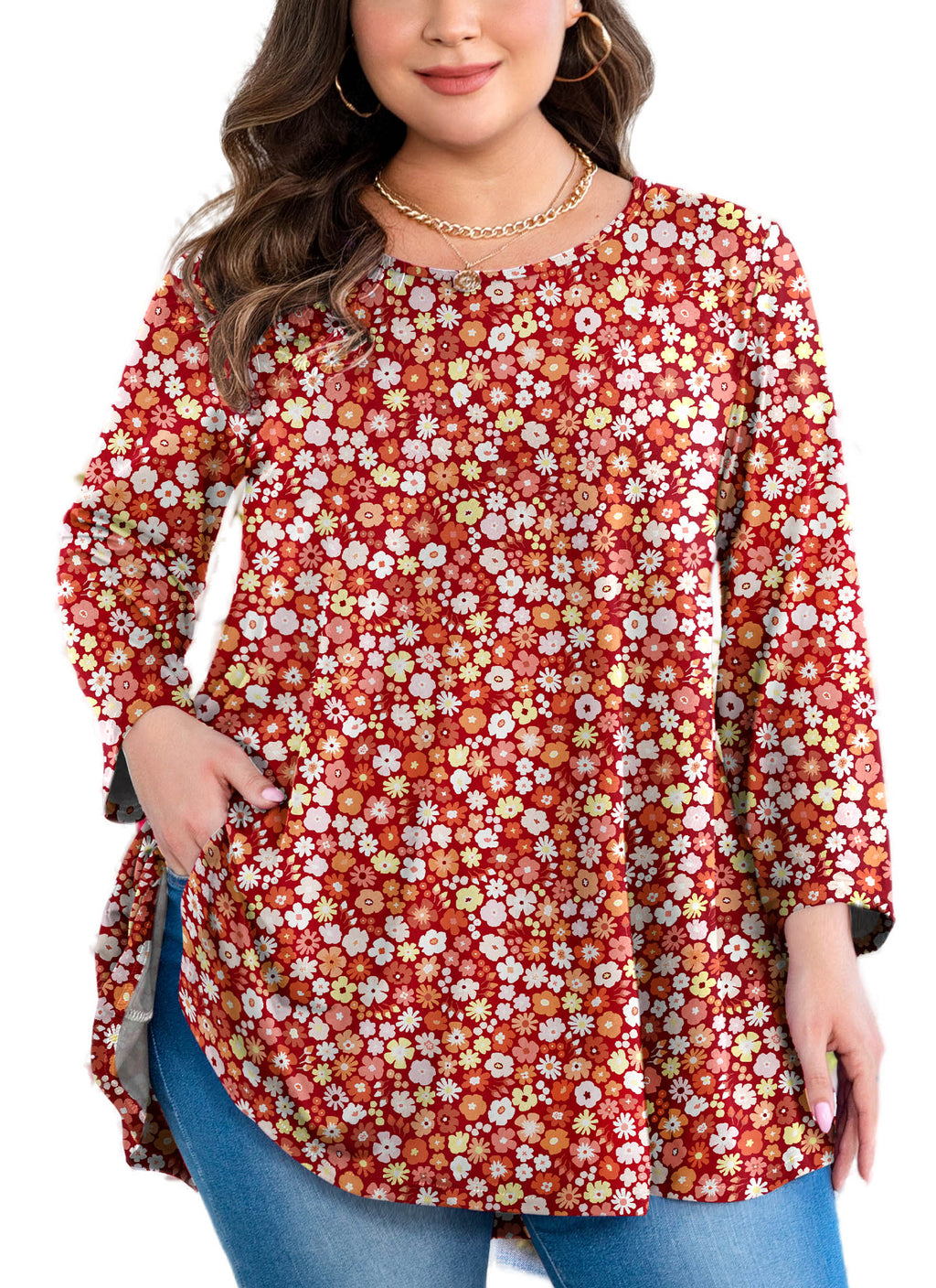 Womens Tunic Tops 3/4 Sleeve Plus Size Crew Neck Swing Flare Loose Fit T-Shirt Blouses to Wear with Leggings