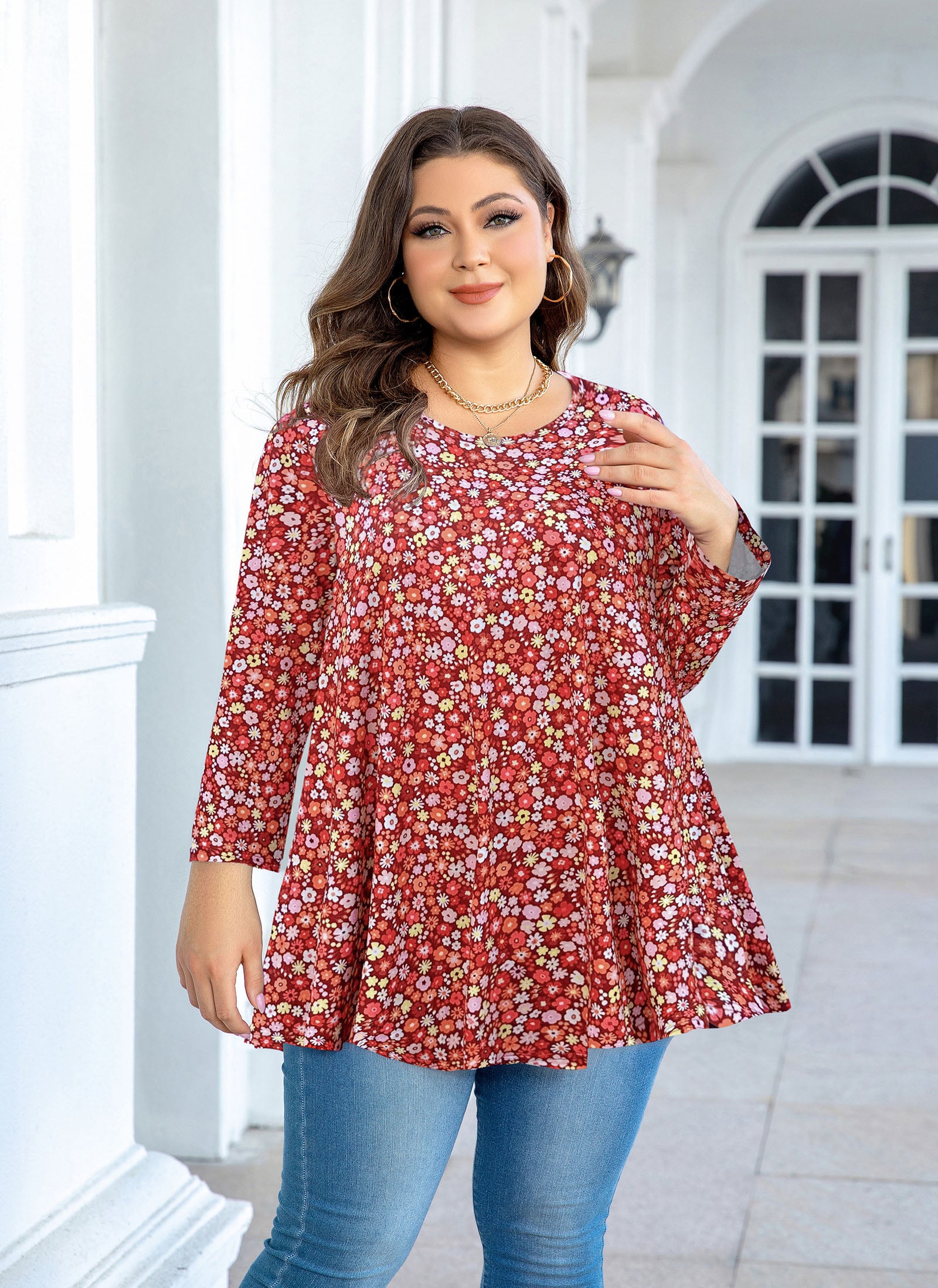 Womens Tunic Tops 3/4 Sleeve Plus Size Crew Neck Swing Flare Loose Fit T-Shirt Blouses to Wear with Leggings