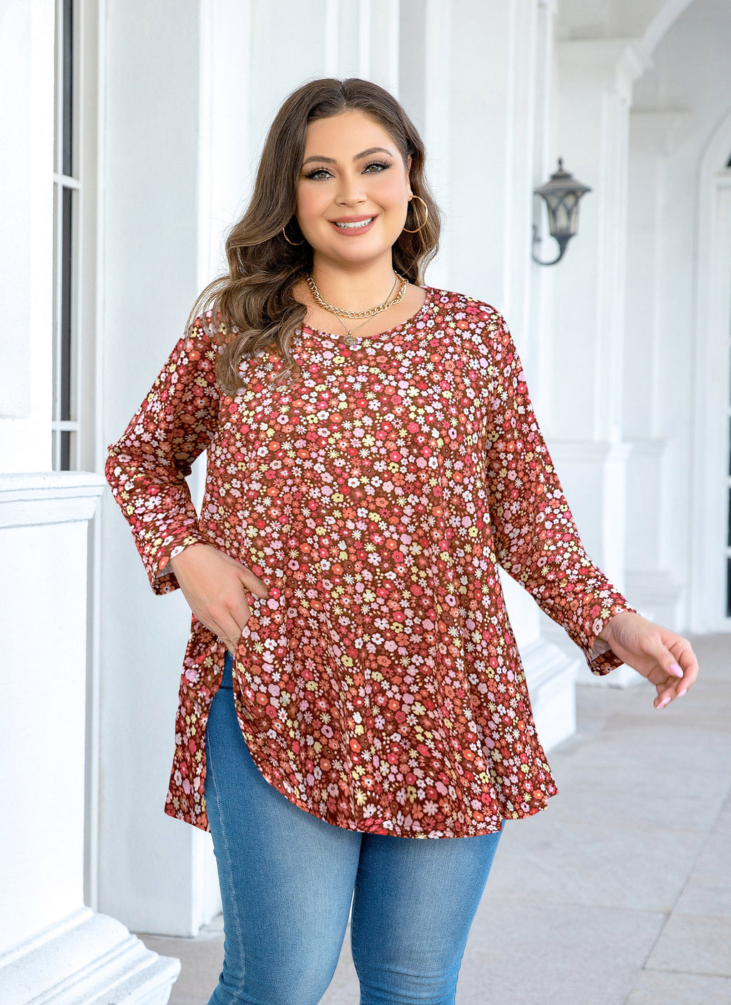 Womens Tunic Tops 3/4 Sleeve Plus Size Crew Neck Swing Flare Loose Fit T-Shirt Blouses to Wear with Leggings