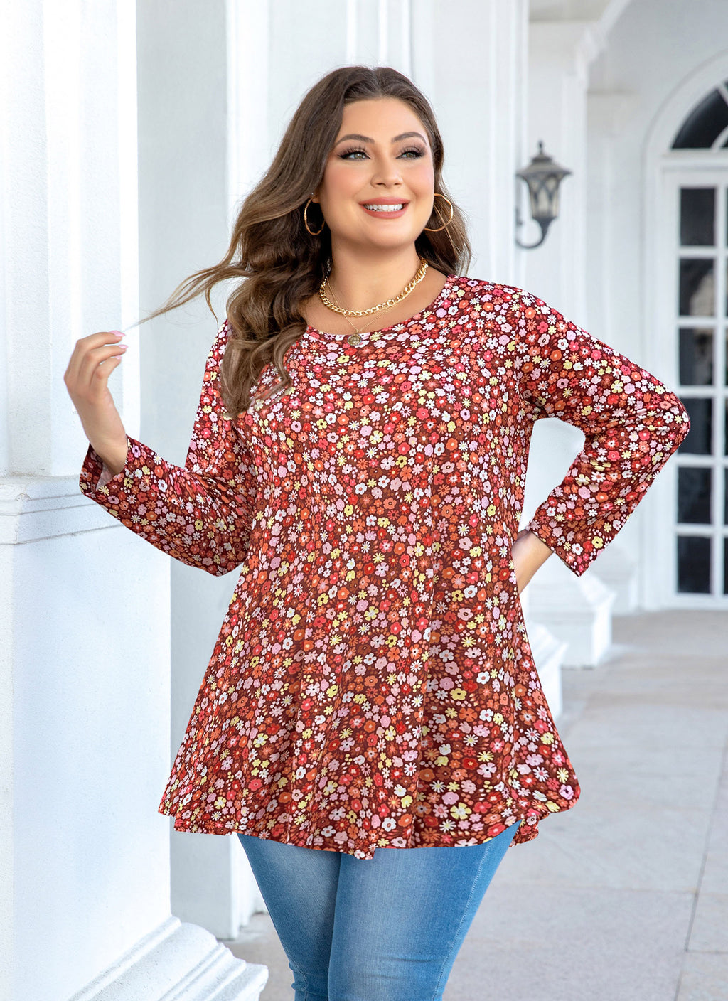Womens Tunic Tops 3/4 Sleeve Plus Size Crew Neck Swing Flare Loose Fit T-Shirt Blouses to Wear with Leggings