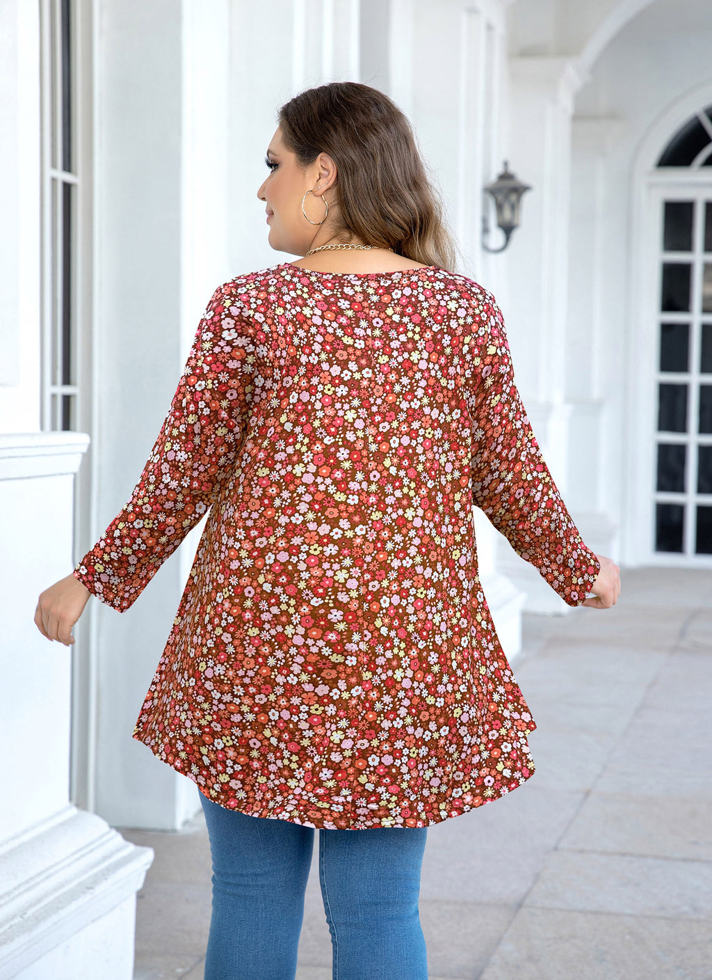 Womens Tunic Tops 3/4 Sleeve Plus Size Crew Neck Swing Flare Loose Fit T-Shirt Blouses to Wear with Leggings