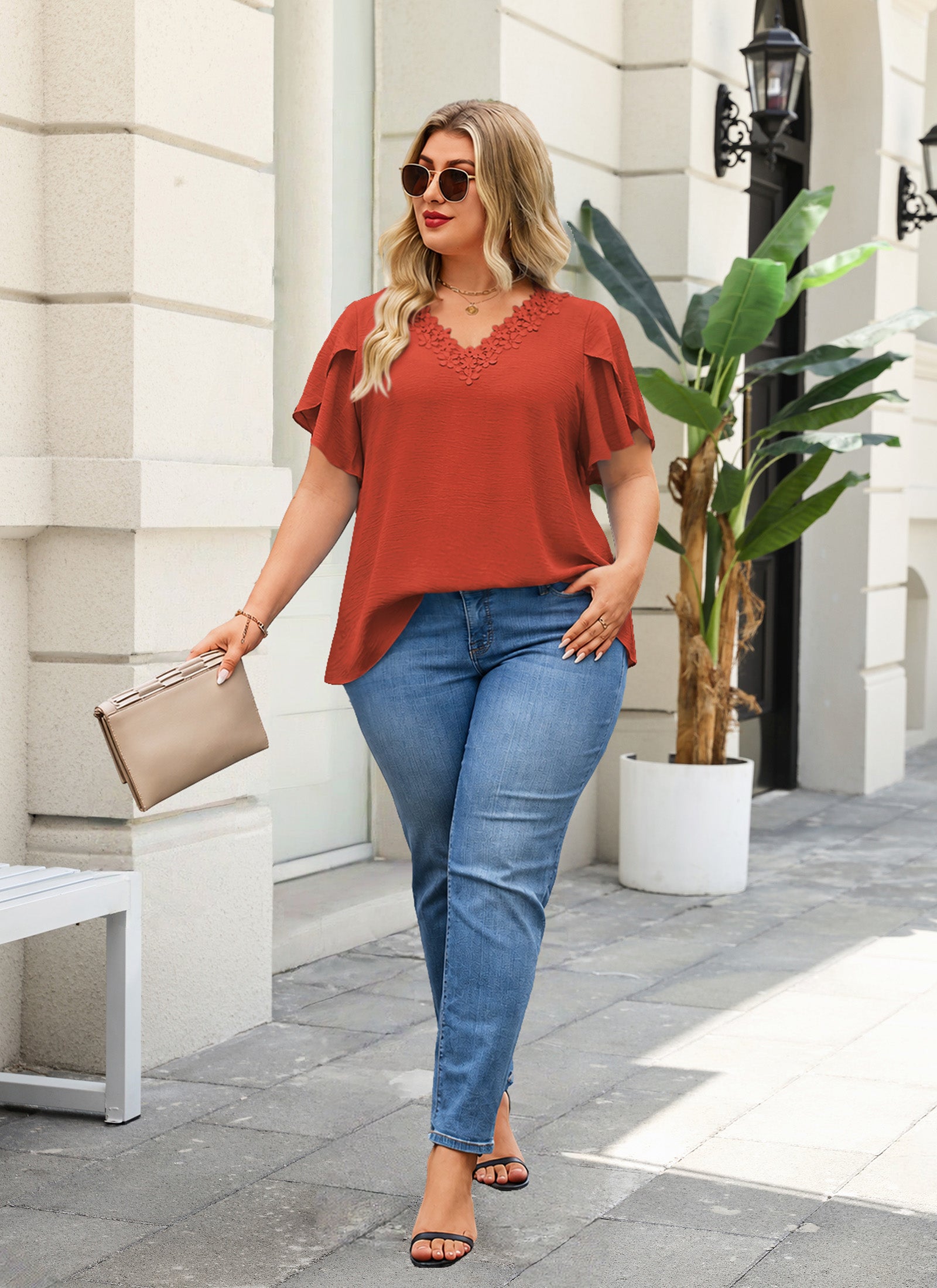 Women's V-Neck Floral Lace Trim Blouse – Loose Fit Plus Size Top, Burnt Orange