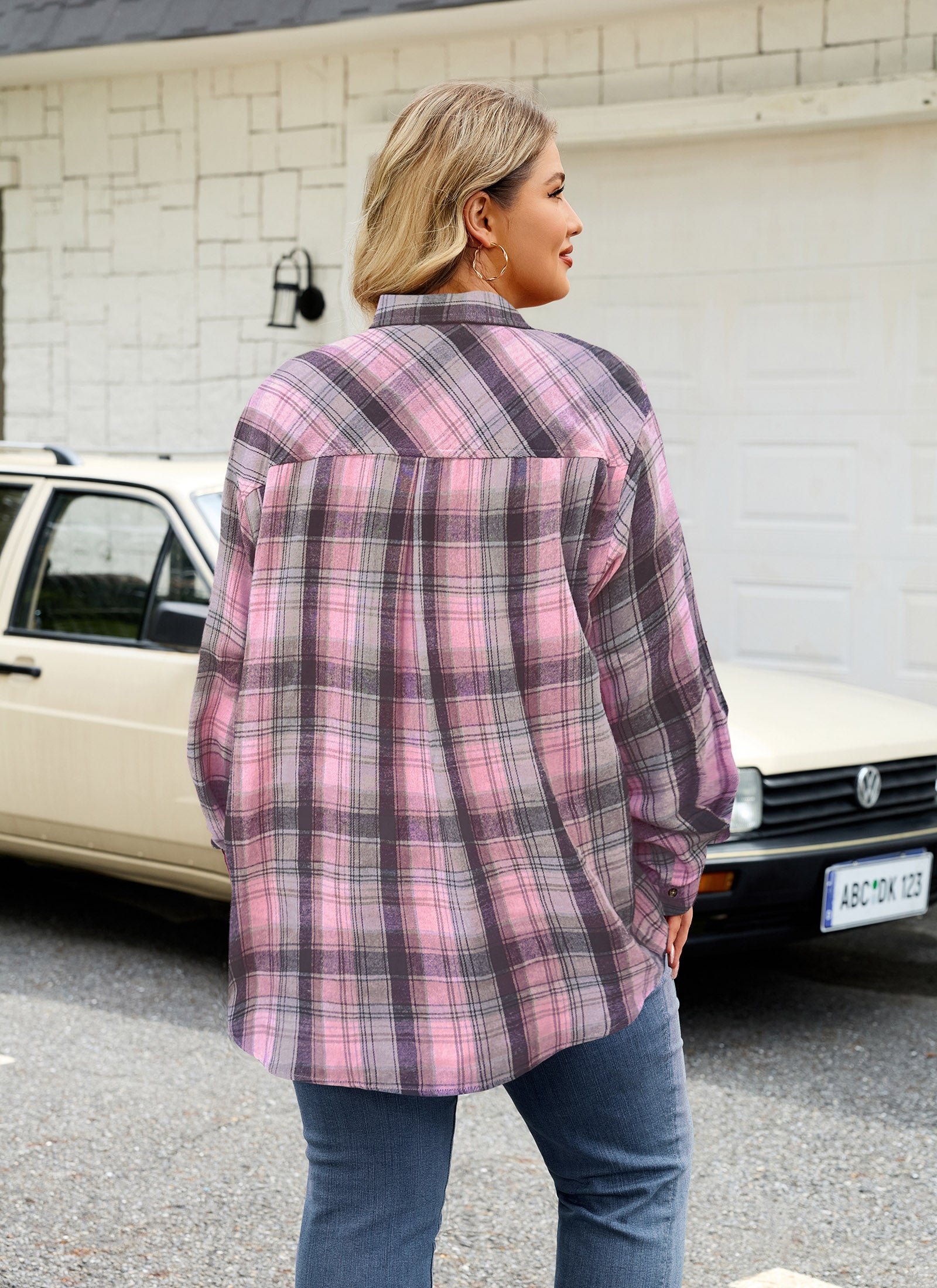Womens Plus Size Flannel Shirts Long Sleeve Button Down Plaid Shirt Roll Up Oversize Checkered Blouse Top Fall