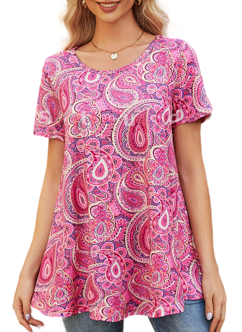 Tunic Tops for Women Plus Size Short Sleeve Crew Neck Swing Flare Loose T-Shirt Blouses to Wear with Leggings