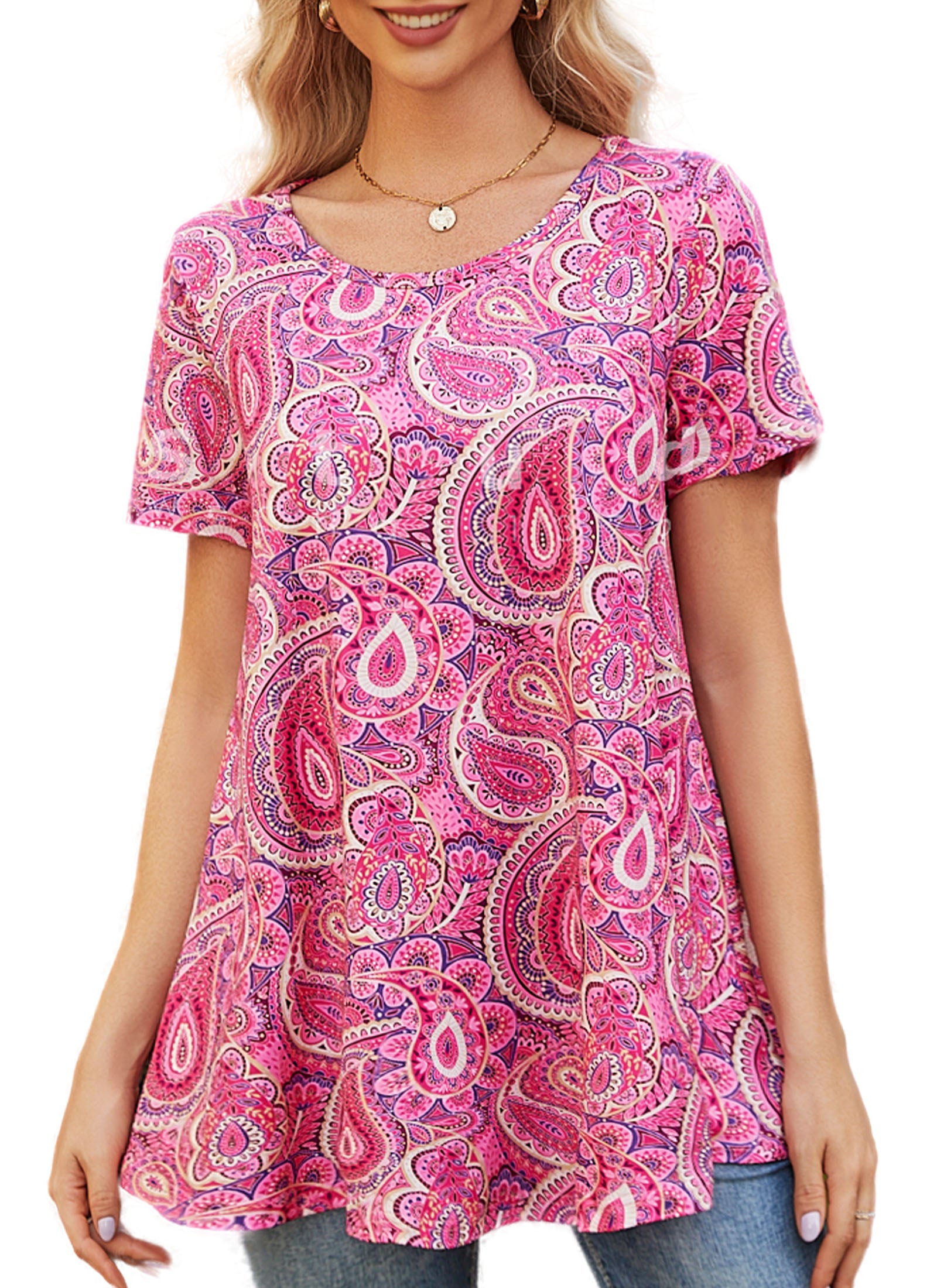 Tunic Tops for Women Plus Size Short Sleeve Crew Neck Swing Flare Loose T-Shirt Blouses to Wear with Leggings