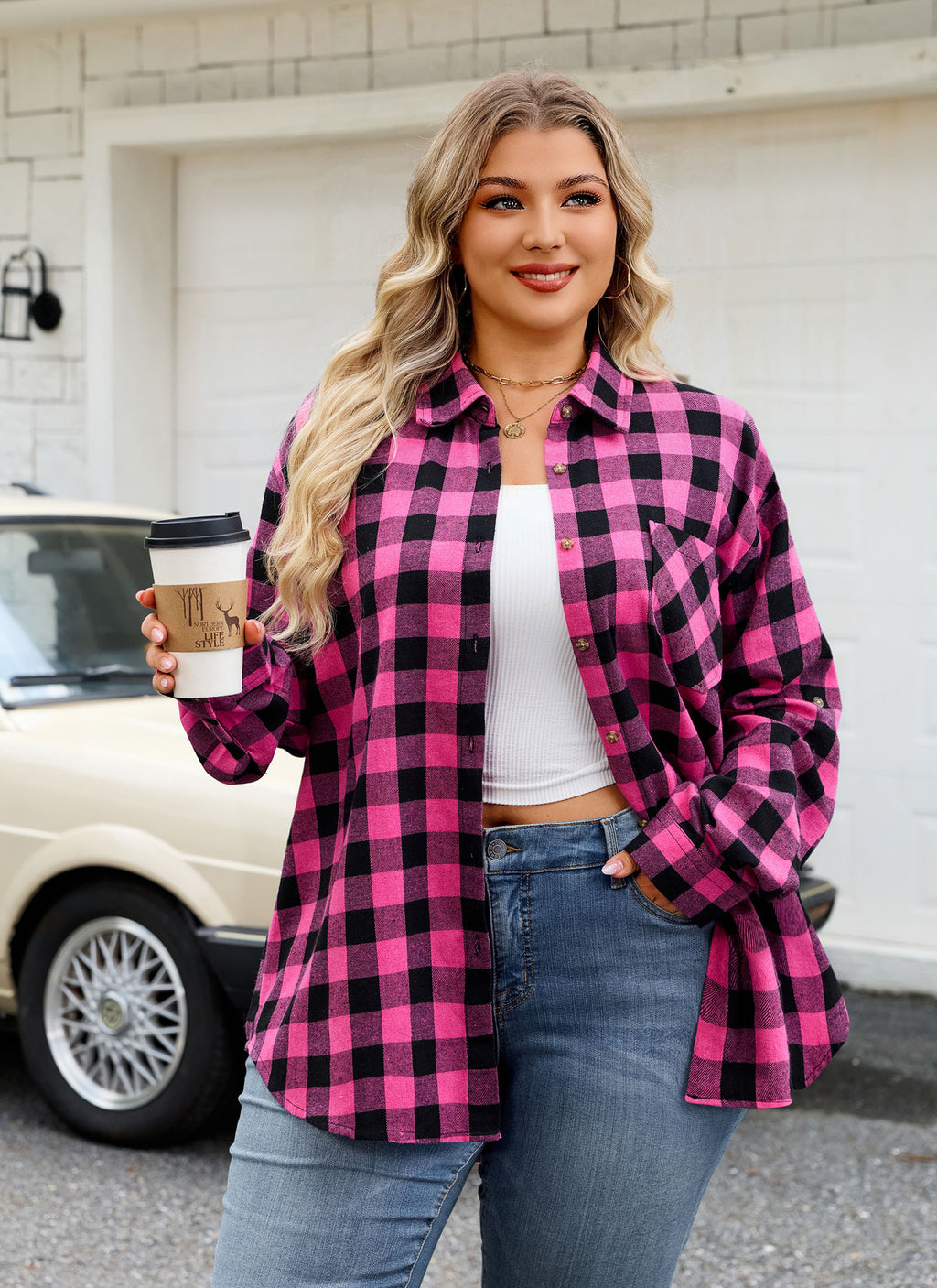 Womens Plus Size Flannel Shirts Long Sleeve Button Down Plaid Shirt Roll Up Oversize Checkered Blouse Top Fall