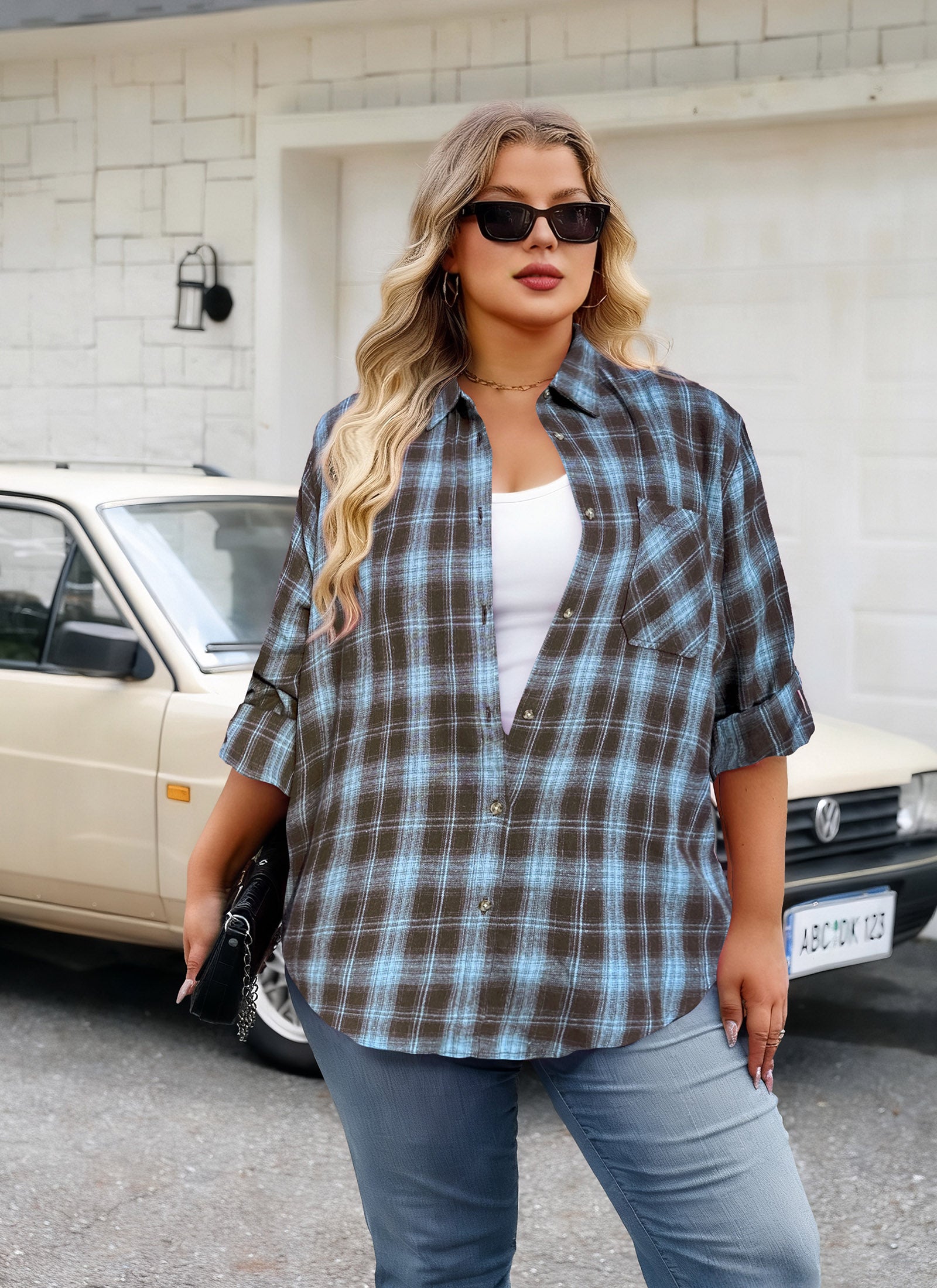 Womens Plus Size Flannel Shirts Long Sleeve Button Down Plaid Shirt Roll Up Oversize Checkered Blouse Top Fall