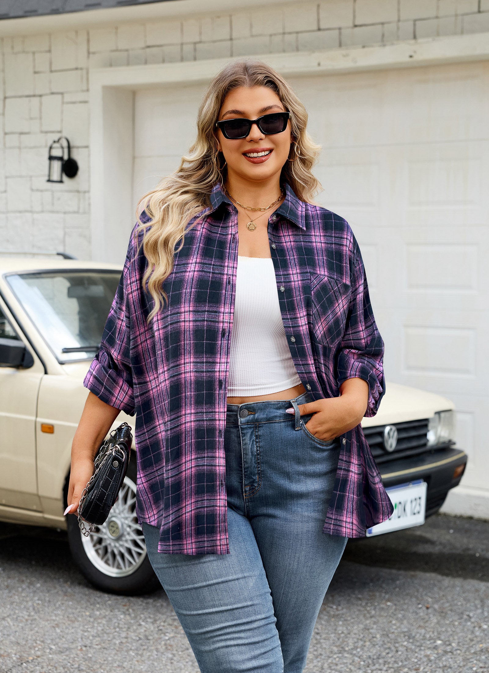 Womens Plus Size Flannel Shirts Long Sleeve Button Down Plaid Shirt Roll Up Oversize Checkered Blouse Top Fall