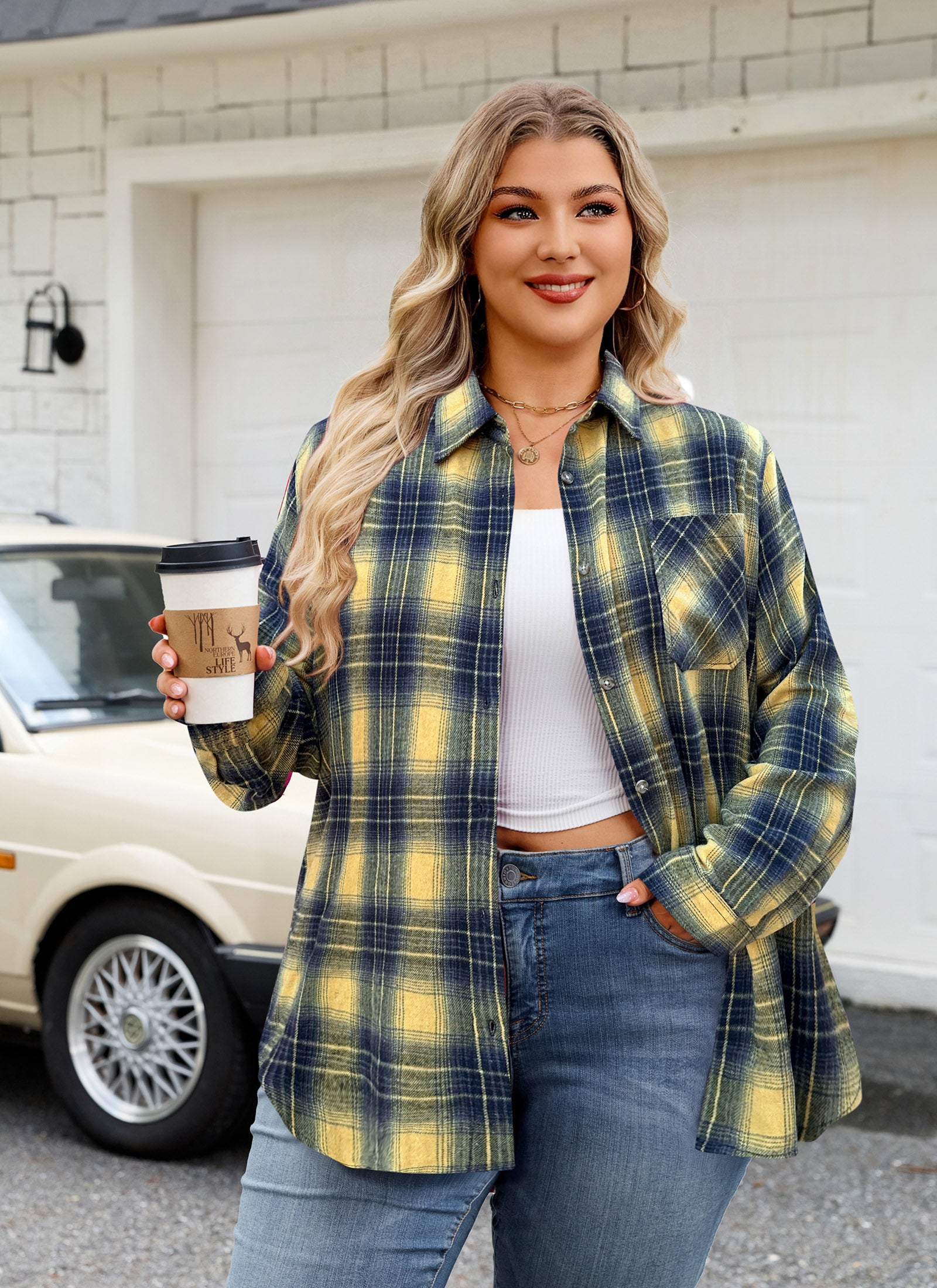 Womens Plus Size Flannel Shirts Long Sleeve Button Down Plaid Shirt Roll Up Oversize Checkered Blouse Top Fall
