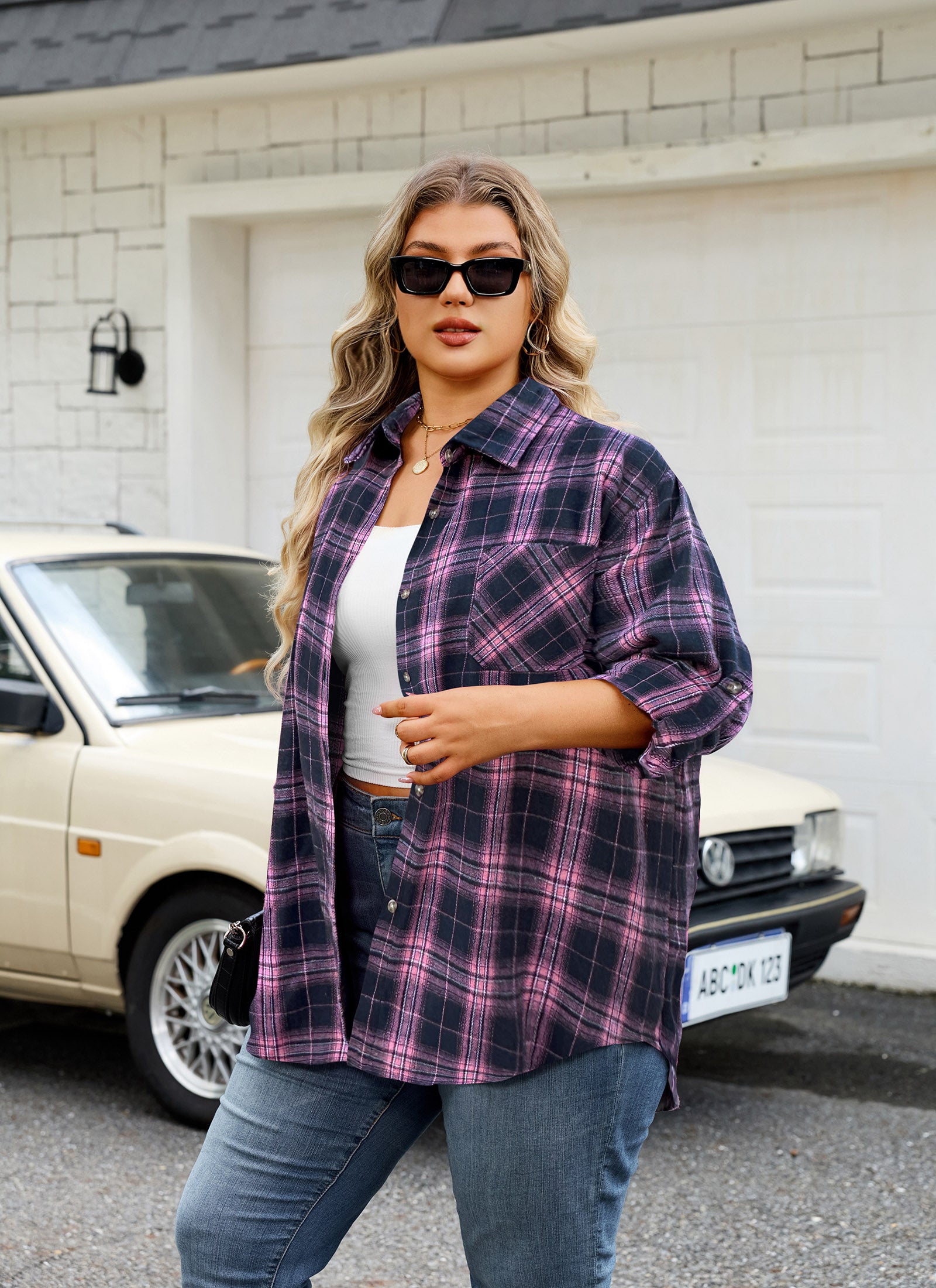 Womens Plus Size Flannel Shirts Long Sleeve Button Down Plaid Shirt Roll Up Oversize Checkered Blouse Top Fall