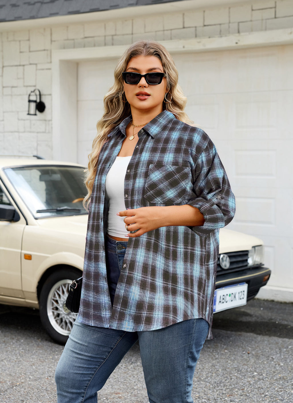 Womens Plus Size Flannel Shirts Long Sleeve Button Down Plaid Shirt Roll Up Oversize Checkered Blouse Top Fall