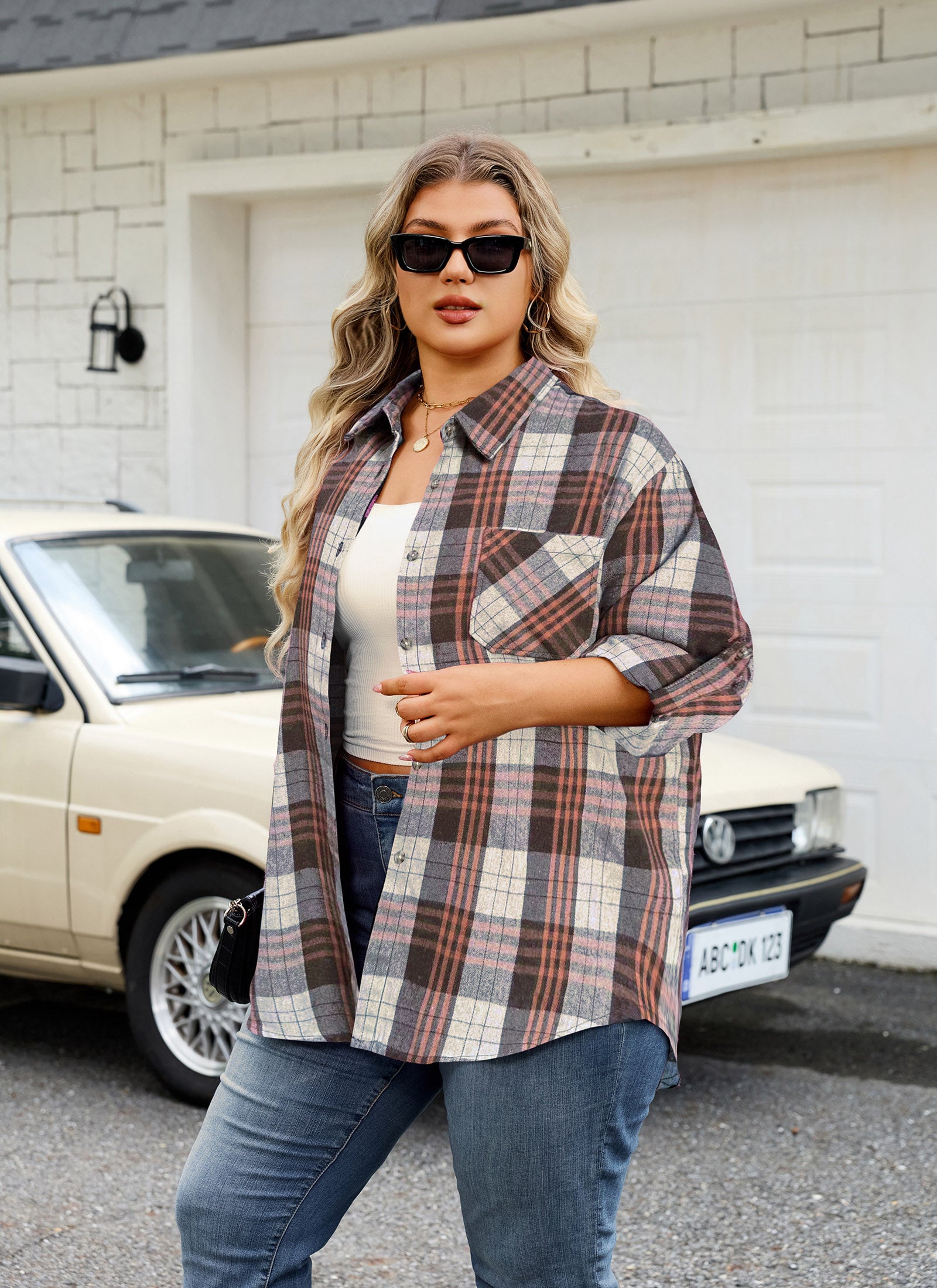 Womens Plus Size Flannel Shirts Long Sleeve Button Down Plaid Shirt Roll Up Oversize Checkered Blouse Top Fall