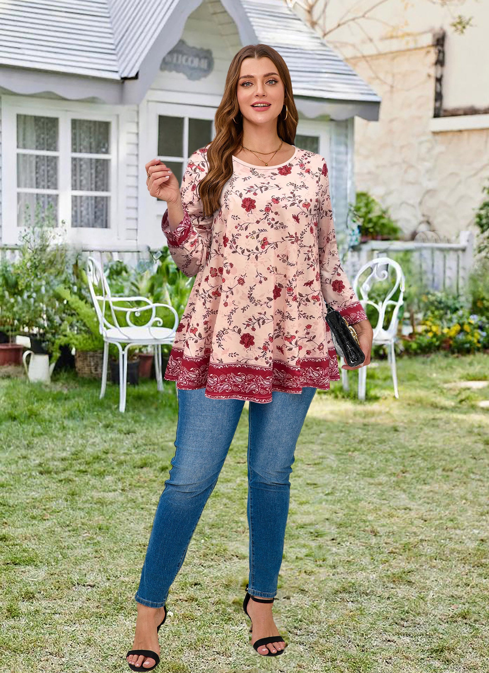 Womens Tunic 3/4 Sleeve Plus Size Tops Crew Neck Swing Flowy Loose Fit T-Shirt Blouses to Wear with Leggings