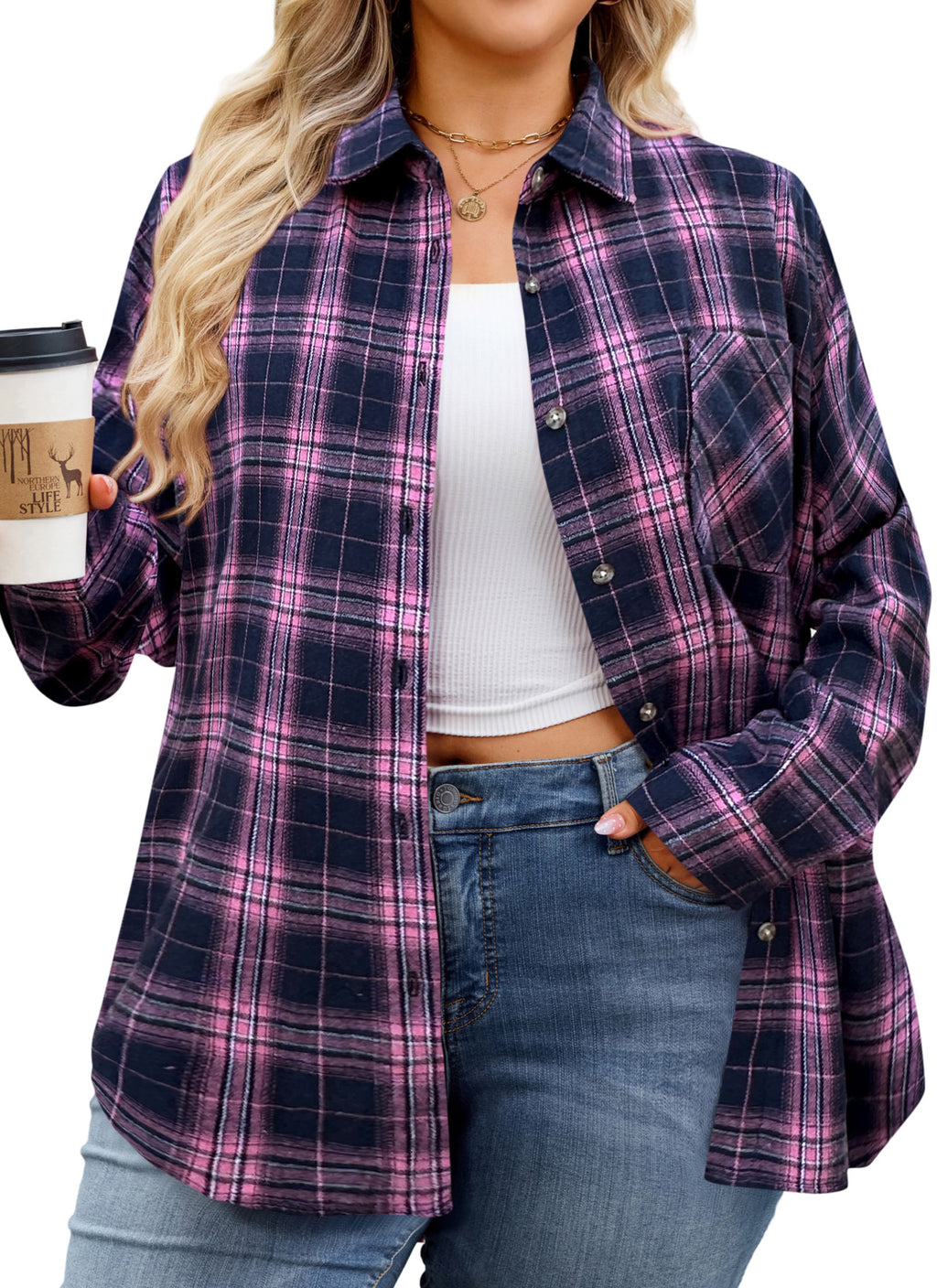 Womens Plus Size Flannel Shirts Long Sleeve Button Down Plaid Shirt Roll Up Oversize Checkered Blouse Top Fall