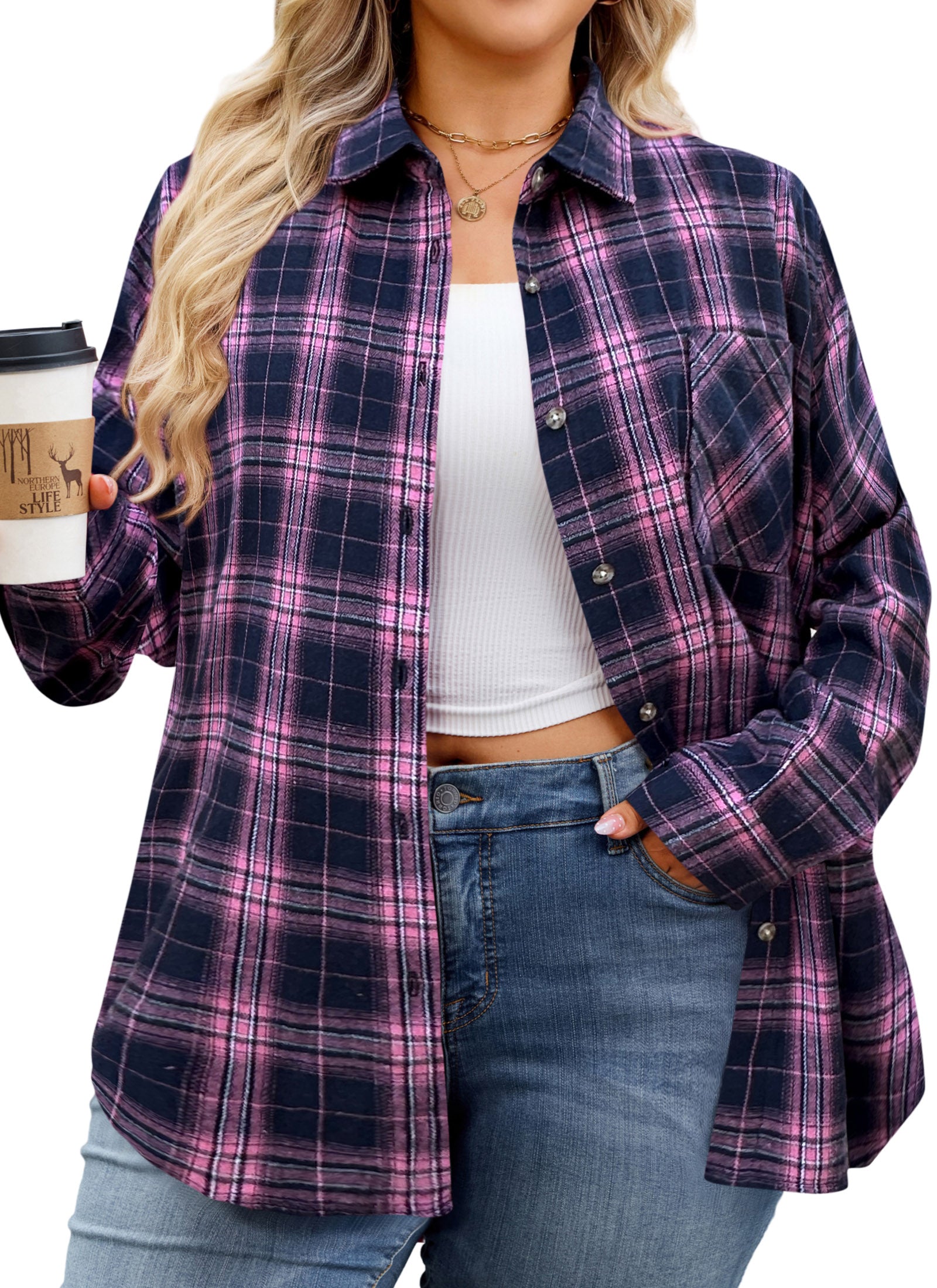 Womens Plus Size Flannel Shirts Long Sleeve Button Down Plaid Shirt Roll Up Oversize Checkered Blouse Top Fall