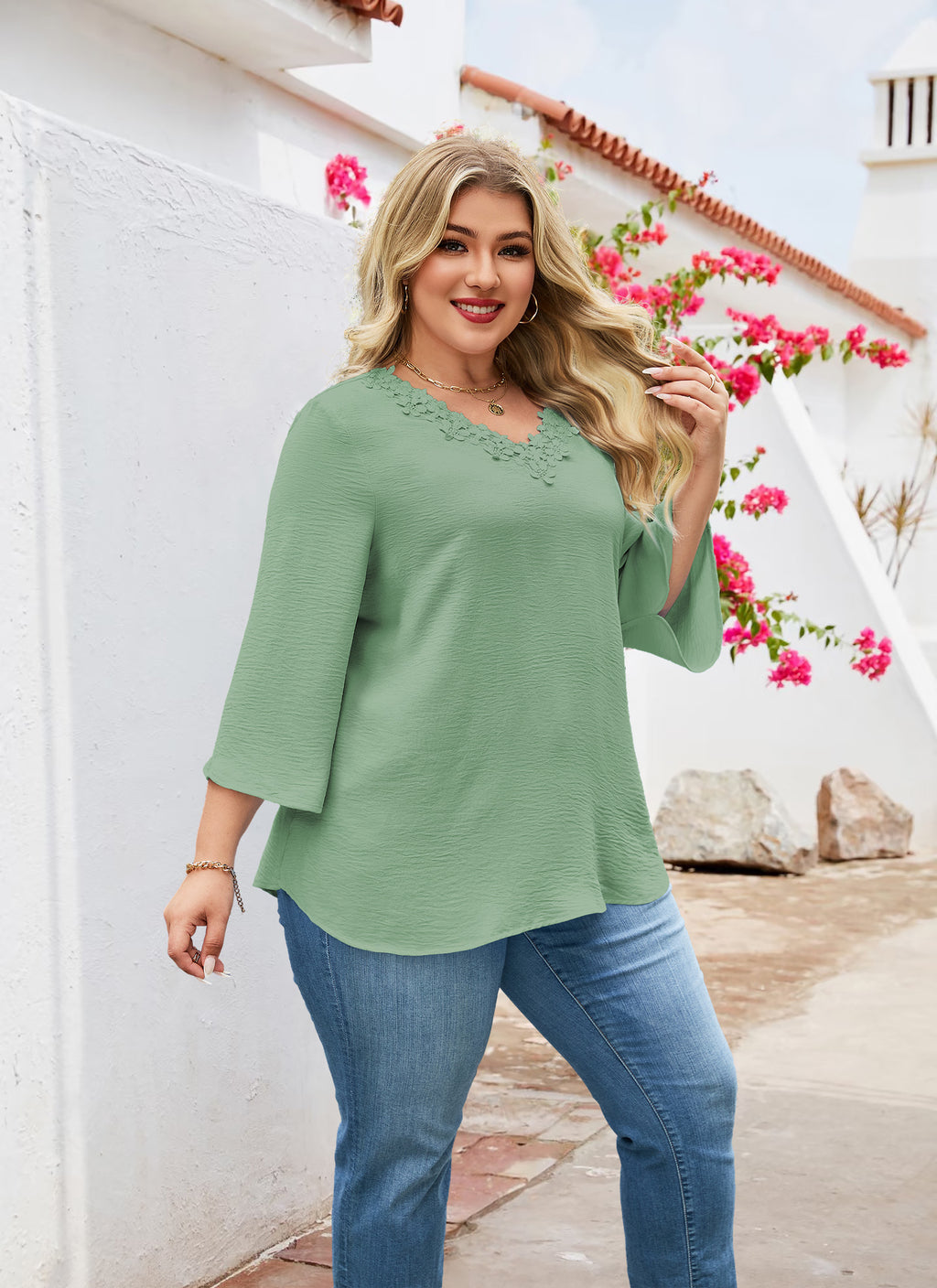 Womens Plus Size Blouses Dressy Casual 3/4 Sleeve Elegant V Neck Floral Trim Ladies Tunics Tops