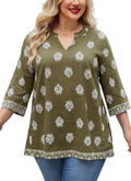 Plus Size Tops 3/4 Sleeve Boho Blouses Dressy Casual V Neck Tunic Loose Fit Floral Peasant Shirts