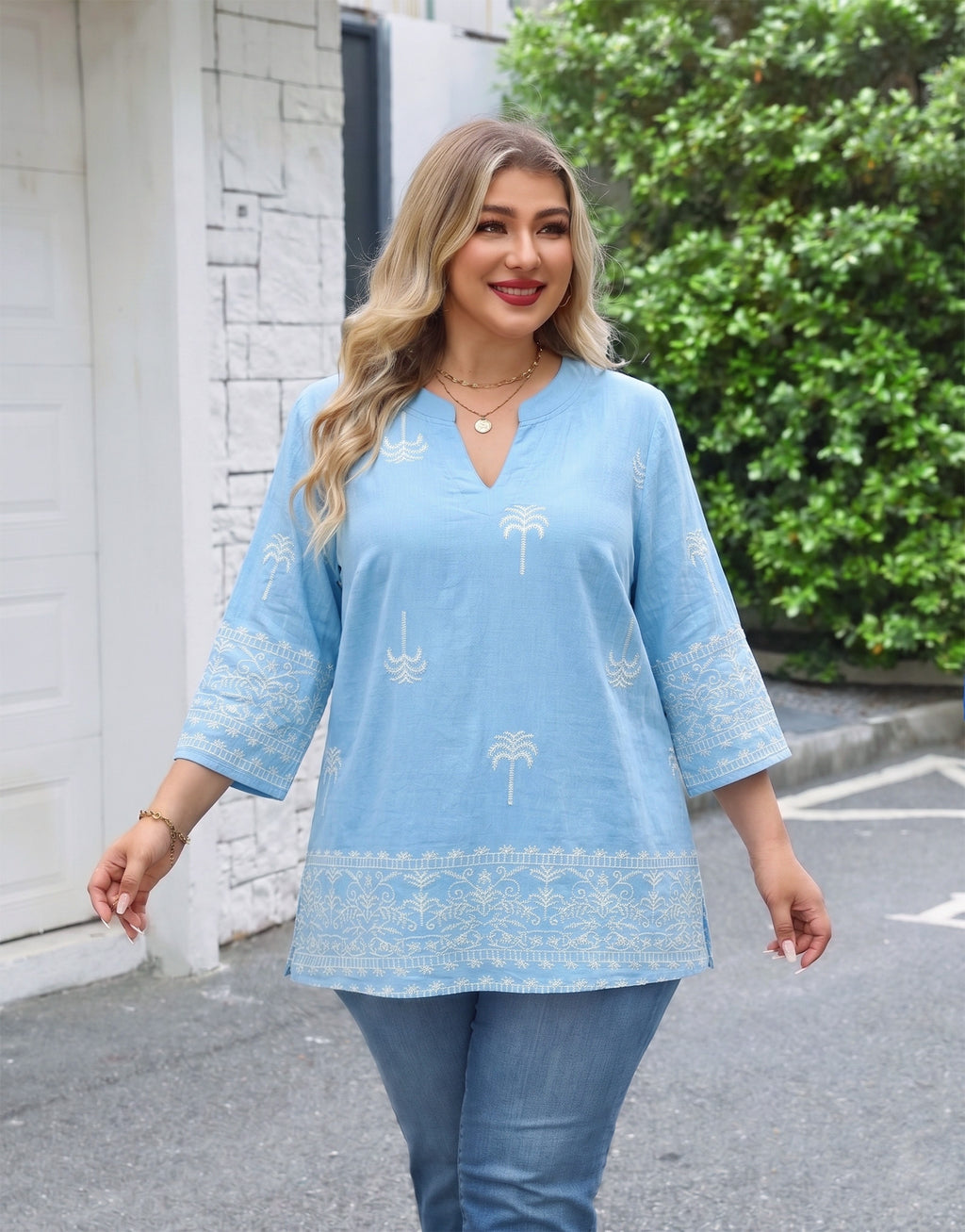 Plus Size Tops 3/4 Sleeve Boho Blouses Dressy Casual V Neck Tunic Loose Fit Floral Peasant Shirts