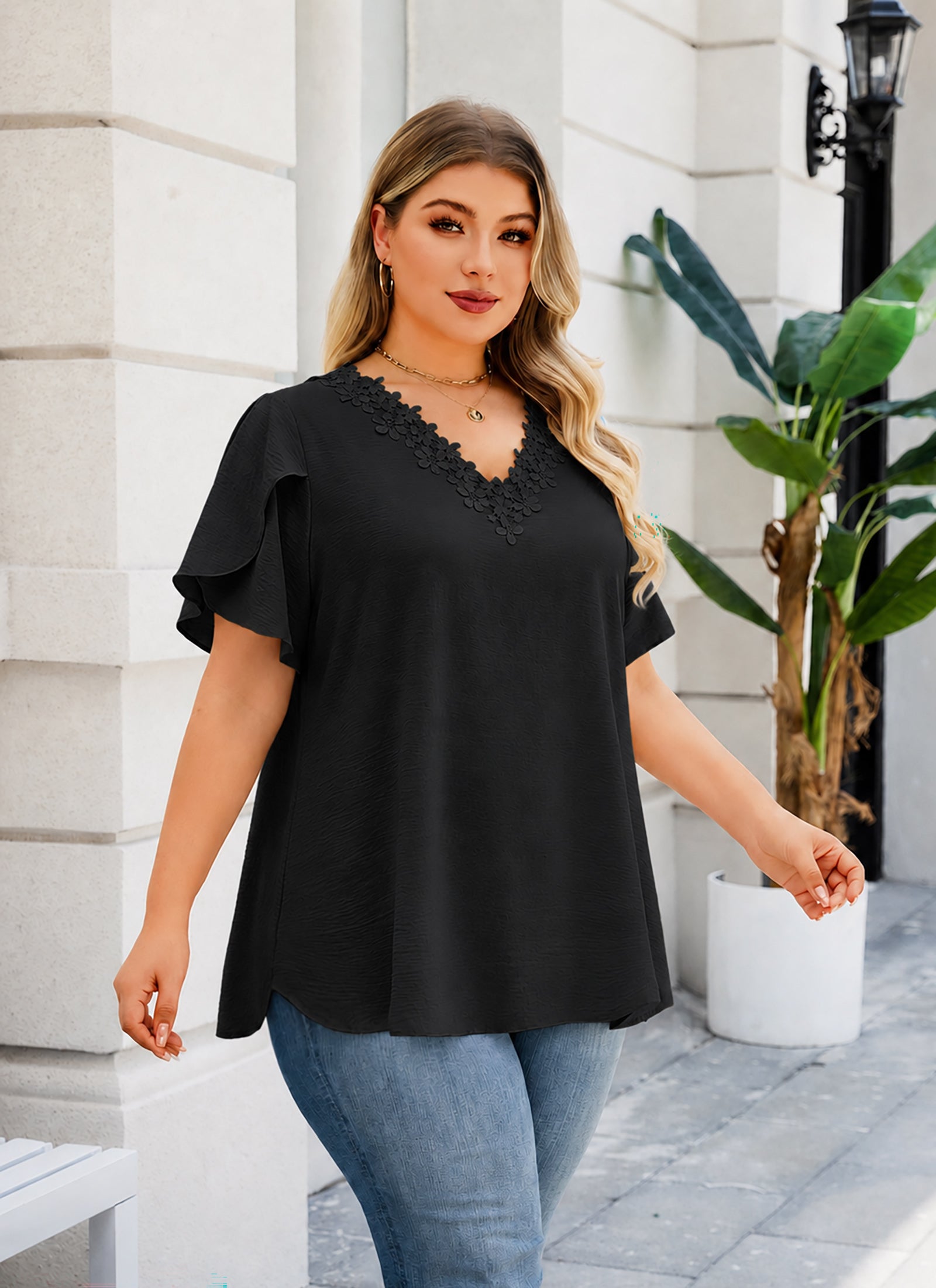 Women's V-Neck Floral Trim Blouse – Loose Fit Plus Size Top, Black