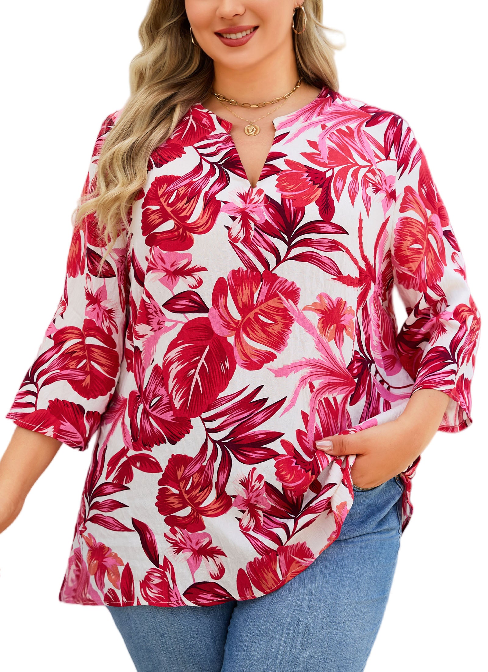 Plus Size Tops 3/4 Sleeve Boho Blouses Dressy Casual V Neck Tunic Loose Fit Floral Peasant Shirts