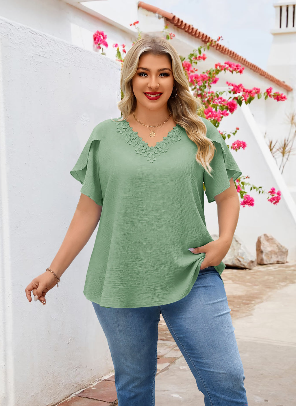Plus Size Top V Neck Short Sleeve Blouses for Curvy Women Loose Fit Dressy Floral Trim Ladies Tunic