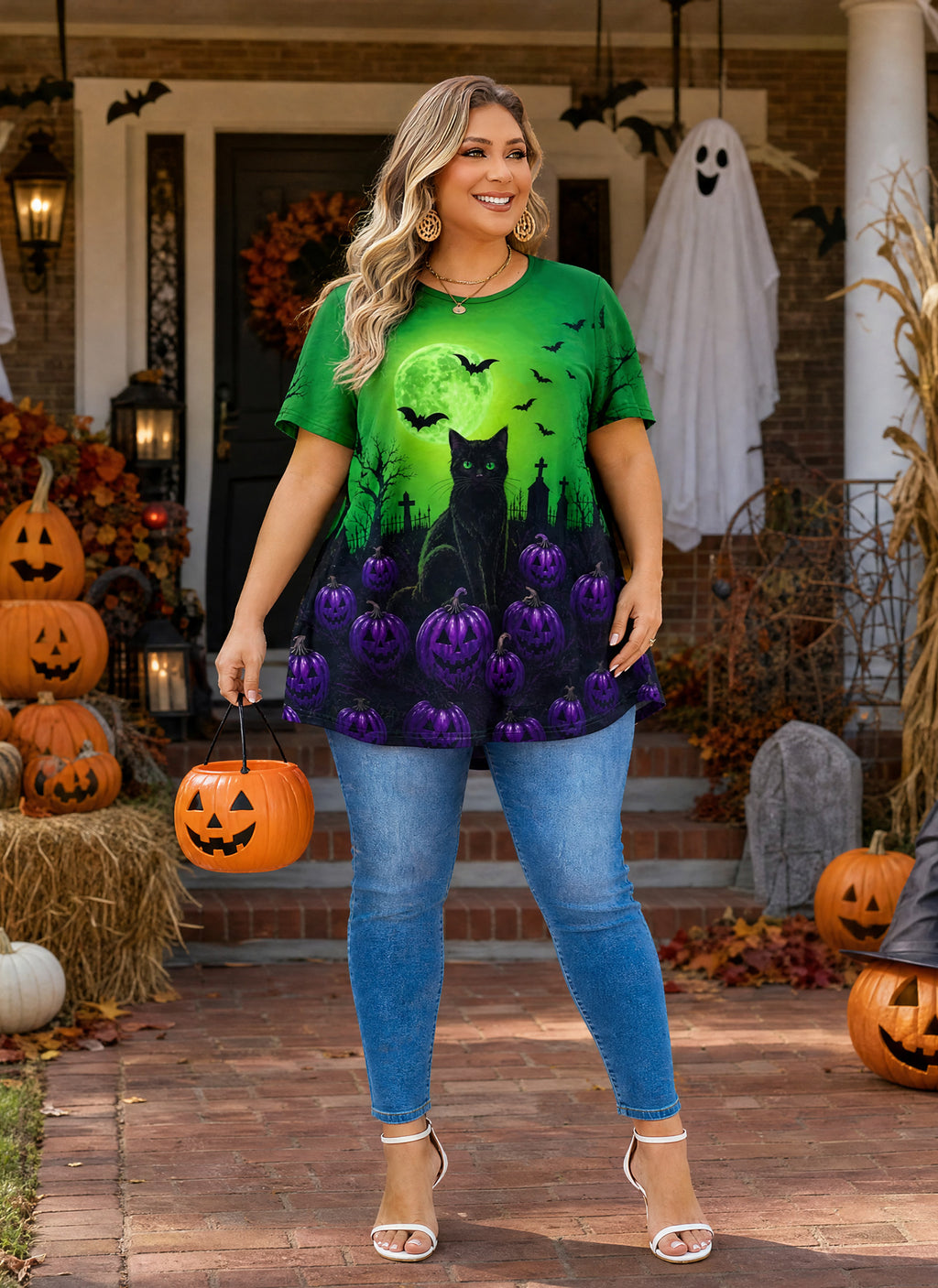 Green Halloween Tunic Top for Women – Flowy Swing Blouse, Plus Size