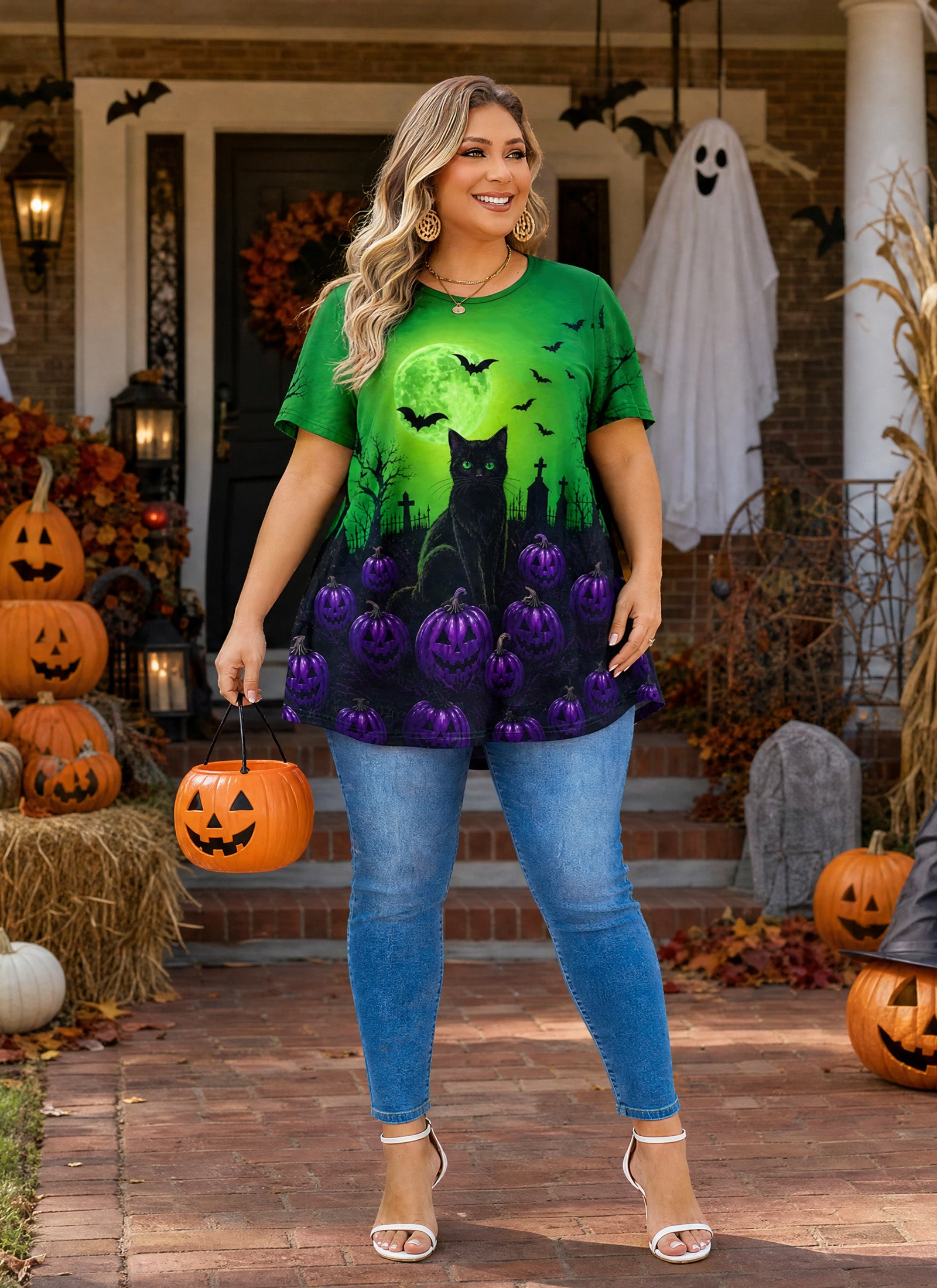 Green Halloween Tunic Top for Women – Flowy Swing Blouse, Plus Size