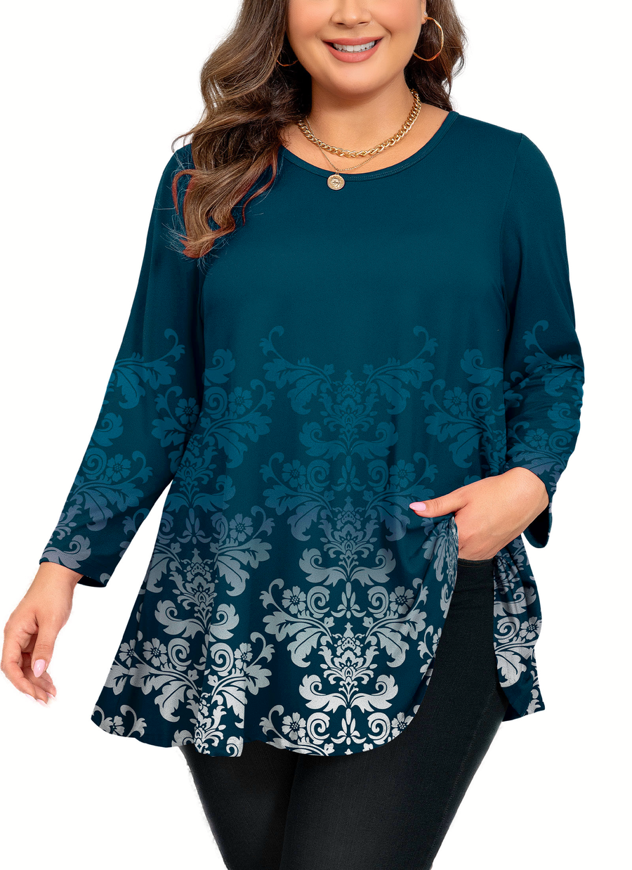 Tunic Tops for Women Plus Size 3/4 Sleeve Crew Neck Swing Flare Loose T-Shirt Blouses to Wear with Leggings