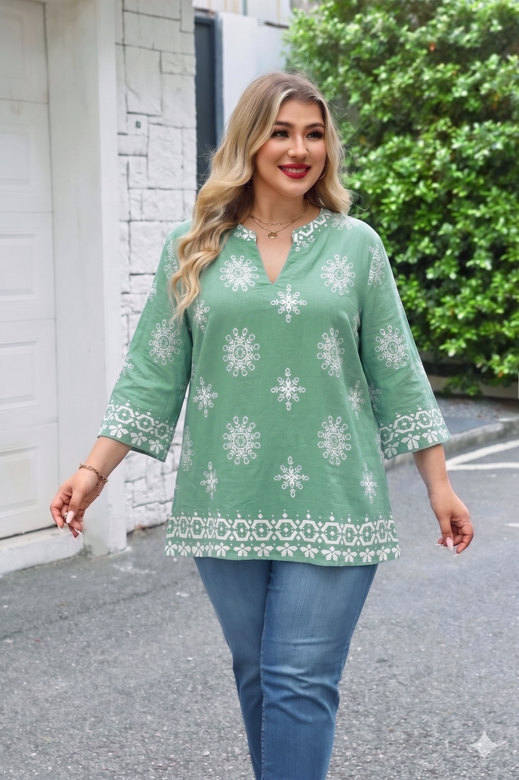 Plus Size Tops 3/4 Sleeve Boho Blouses Dressy Casual V Neck Tunic Loose Fit Floral Peasant Shirts