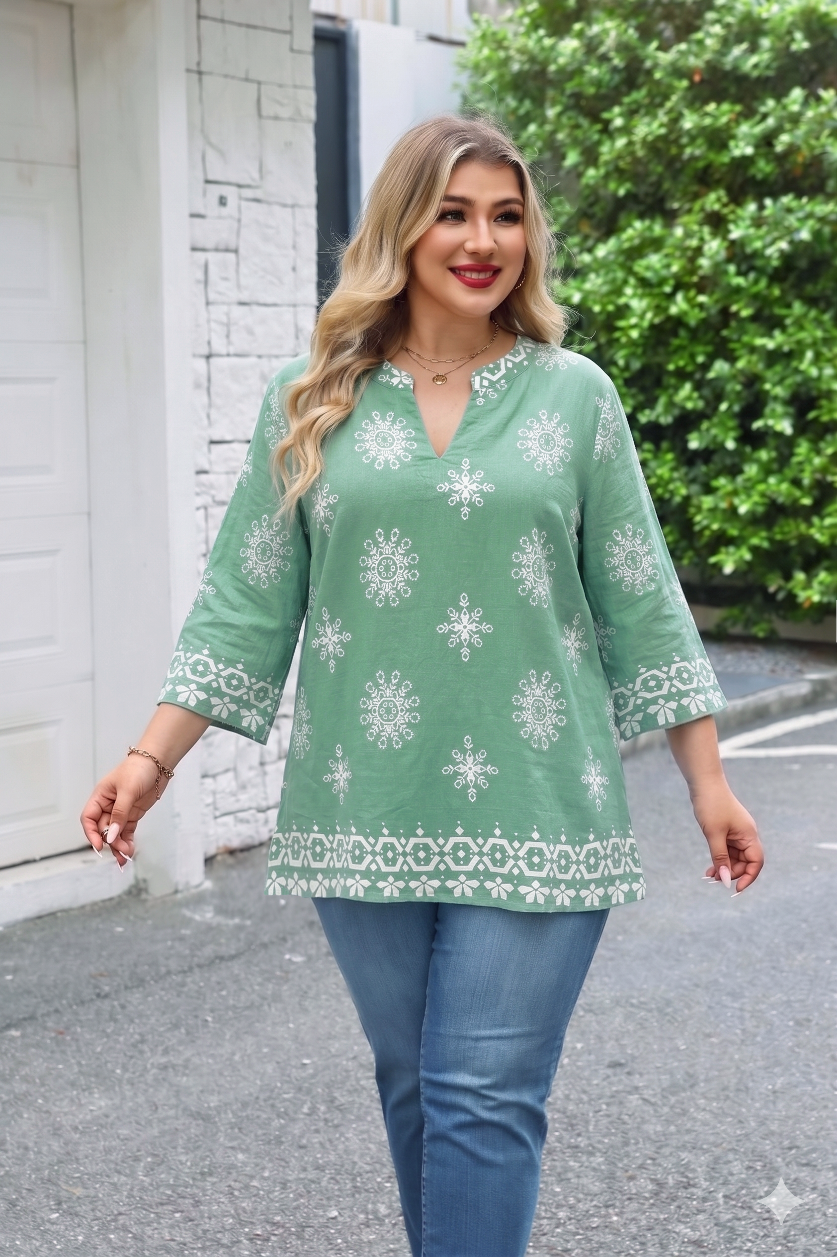 Plus Size Tops 3/4 Sleeve Boho Blouses Dressy Casual V Neck Tunic Loose Fit Floral Peasant Shirts
