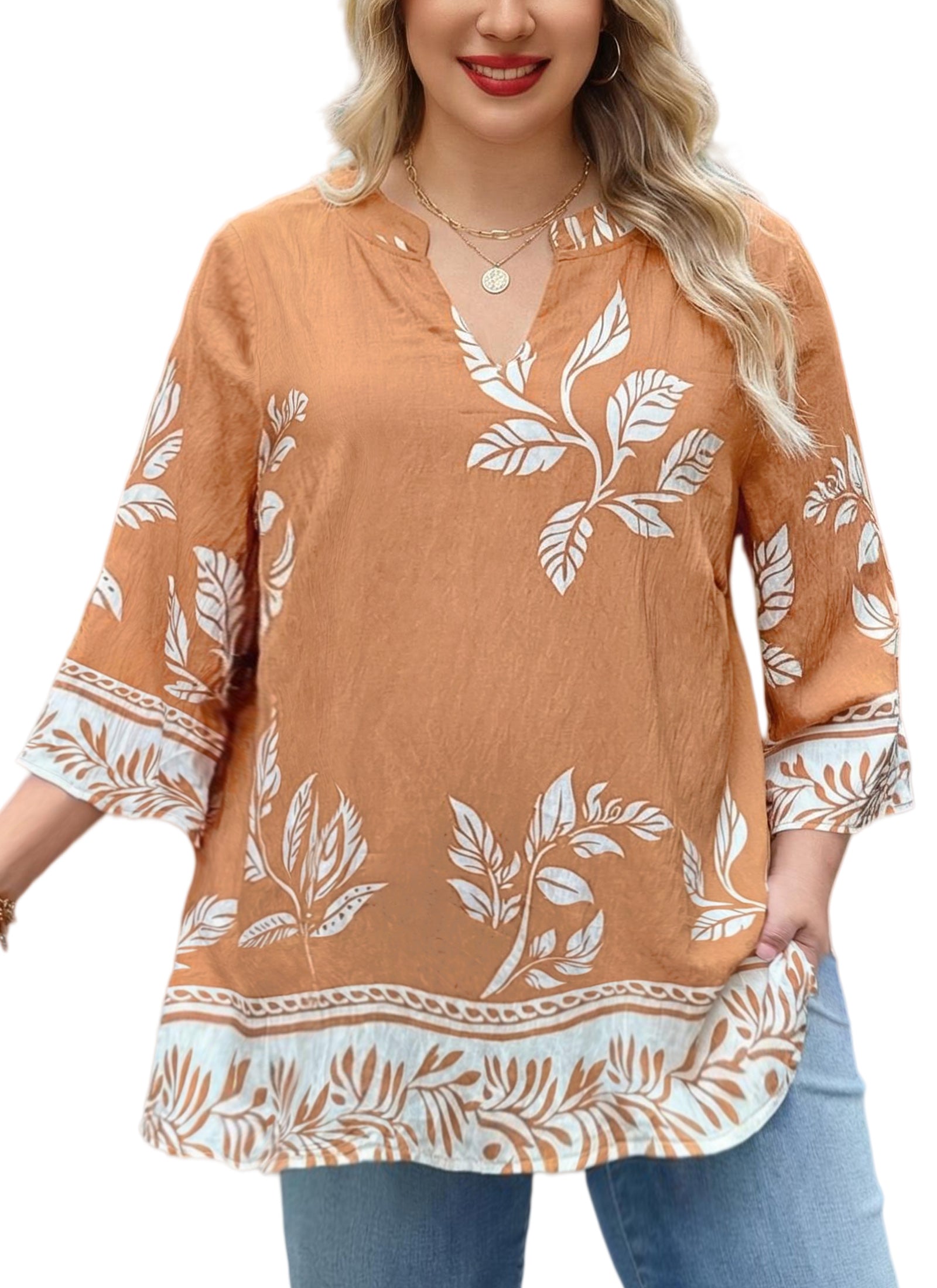 Plus Size Tops 3/4 Sleeve Boho Blouses Dressy Casual V Neck Tunic Loose Fit Floral Peasant Shirts