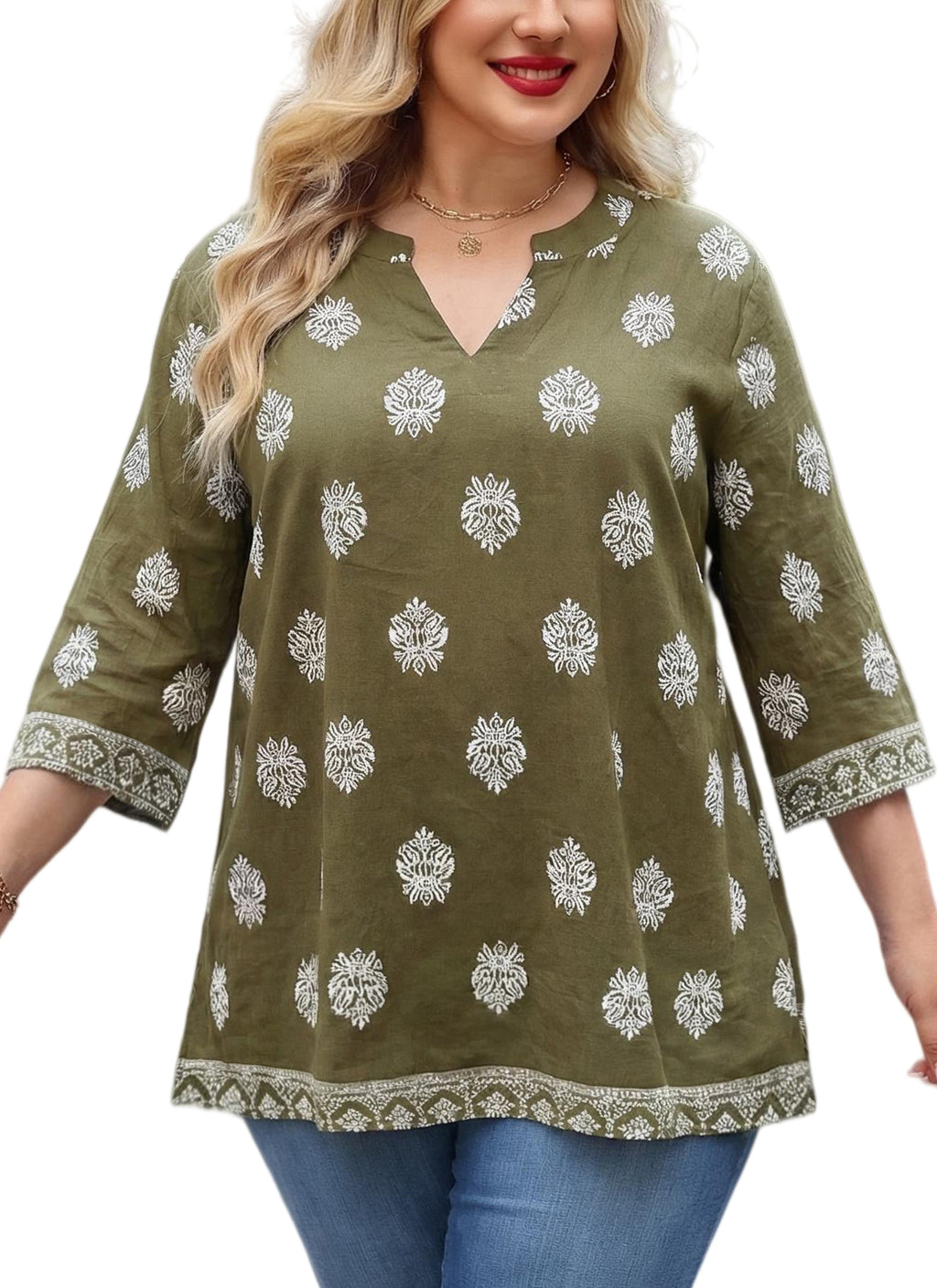 Plus Size Tops 3/4 Sleeve Boho Blouses Dressy Casual V Neck Tunic Loose Fit Floral Peasant Shirts