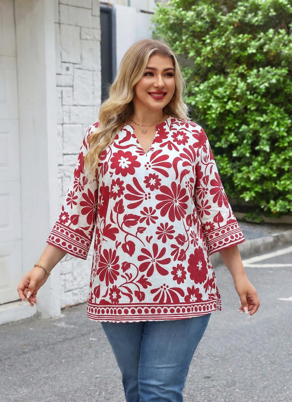 Plus Size Tops 3/4 Sleeve Boho Blouses Dressy Casual V Neck Tunic Loose Fit Floral Peasant Shirts