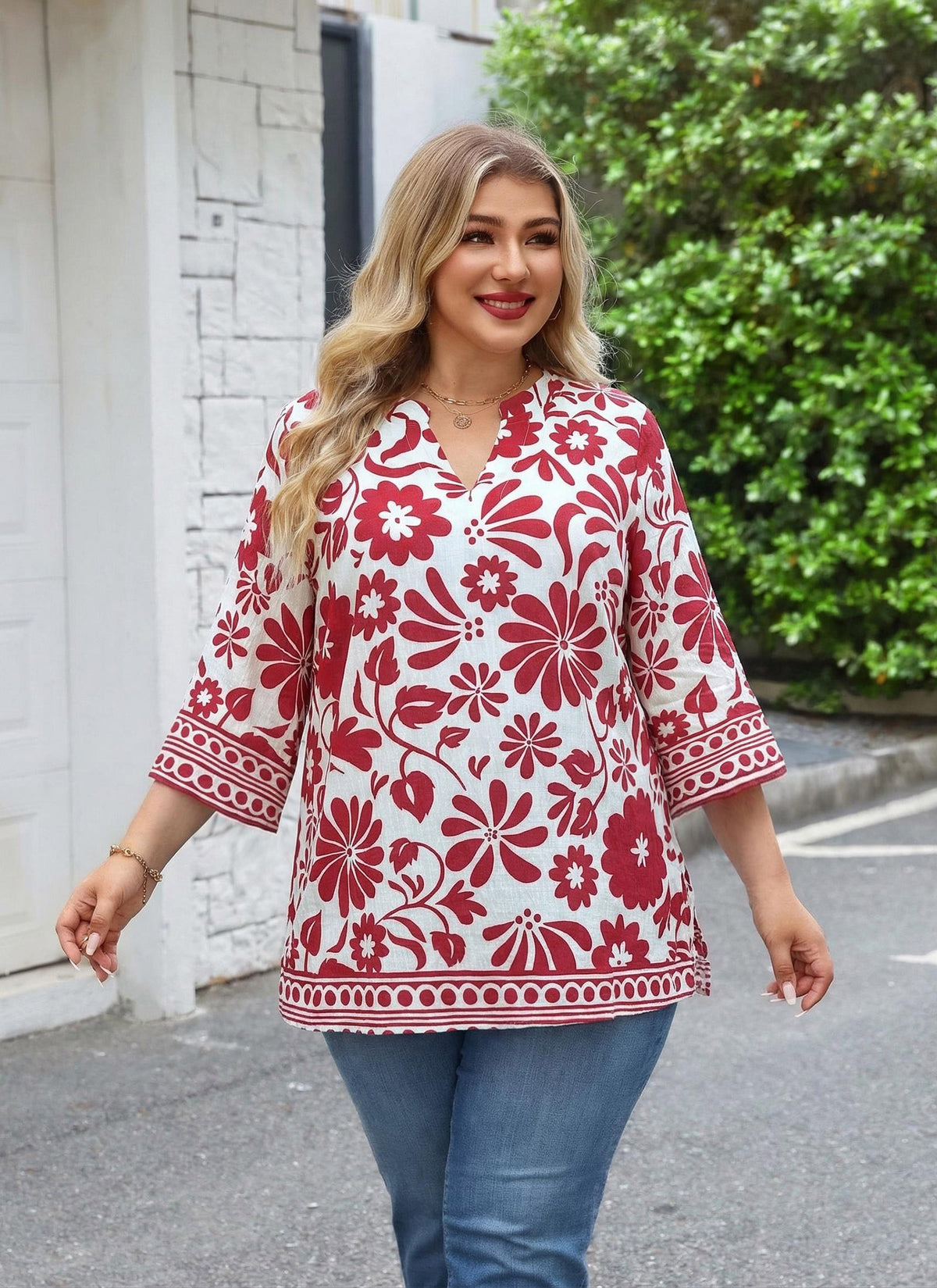Plus Size Tops 3/4 Sleeve Boho Blouses Dressy Casual V Neck Tunic Loose Fit Floral Peasant Shirts