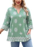 Plus Size Tops 3/4 Sleeve Boho Blouses Dressy Casual V Neck Tunic Loose Fit Floral Peasant Shirts