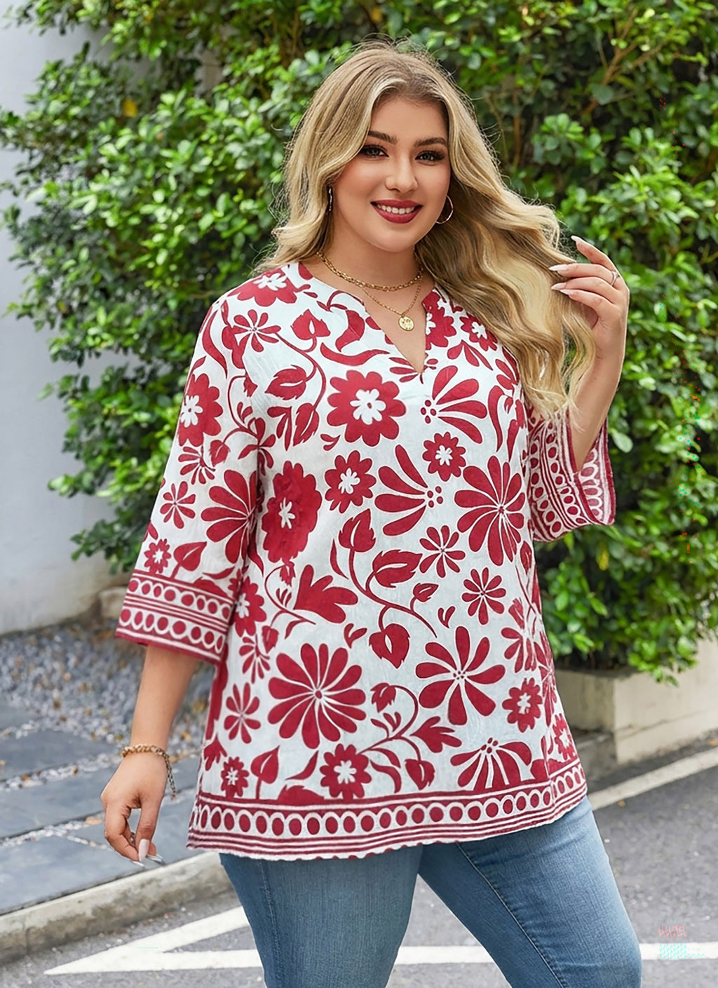 Plus Size Tops 3/4 Sleeve Boho Blouses Dressy Casual V Neck Tunic Loose Fit Floral Peasant Shirts