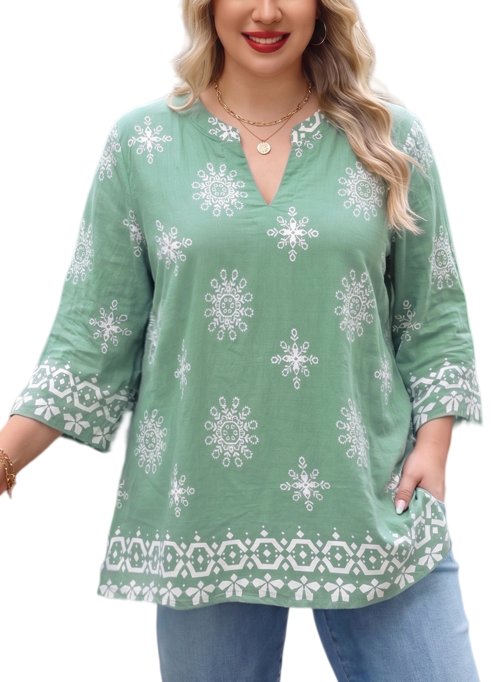 Plus Size Tops 3/4 Sleeve Boho Blouses Dressy Casual V Neck Tunic Loose Fit Floral Peasant Shirts