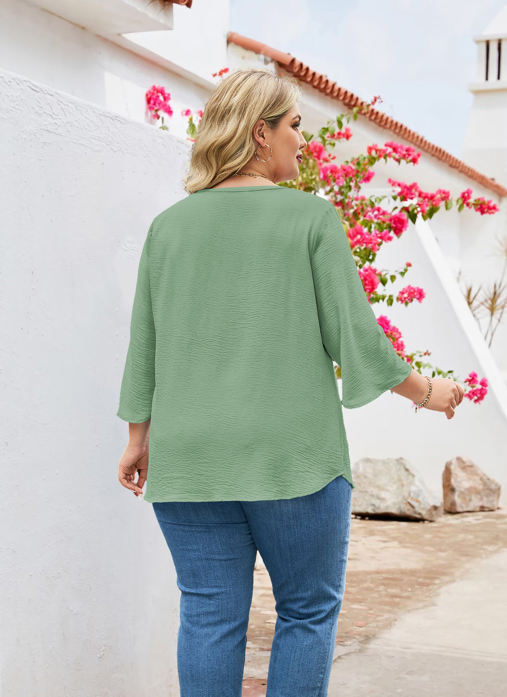 Womens Plus Size Blouses Dressy Casual 3/4 Sleeve Elegant V Neck Floral Trim Ladies Tunics Tops