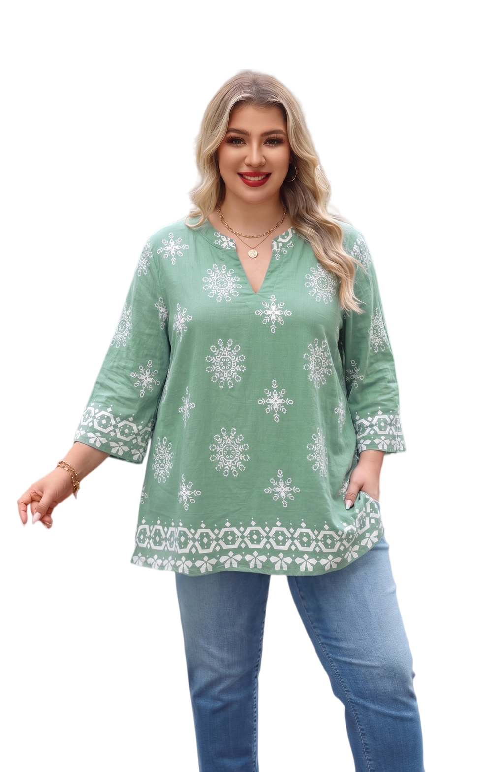 Plus Size Tops 3/4 Sleeve Boho Blouses Dressy Casual V Neck Tunic Loose Fit Floral Peasant Shirts