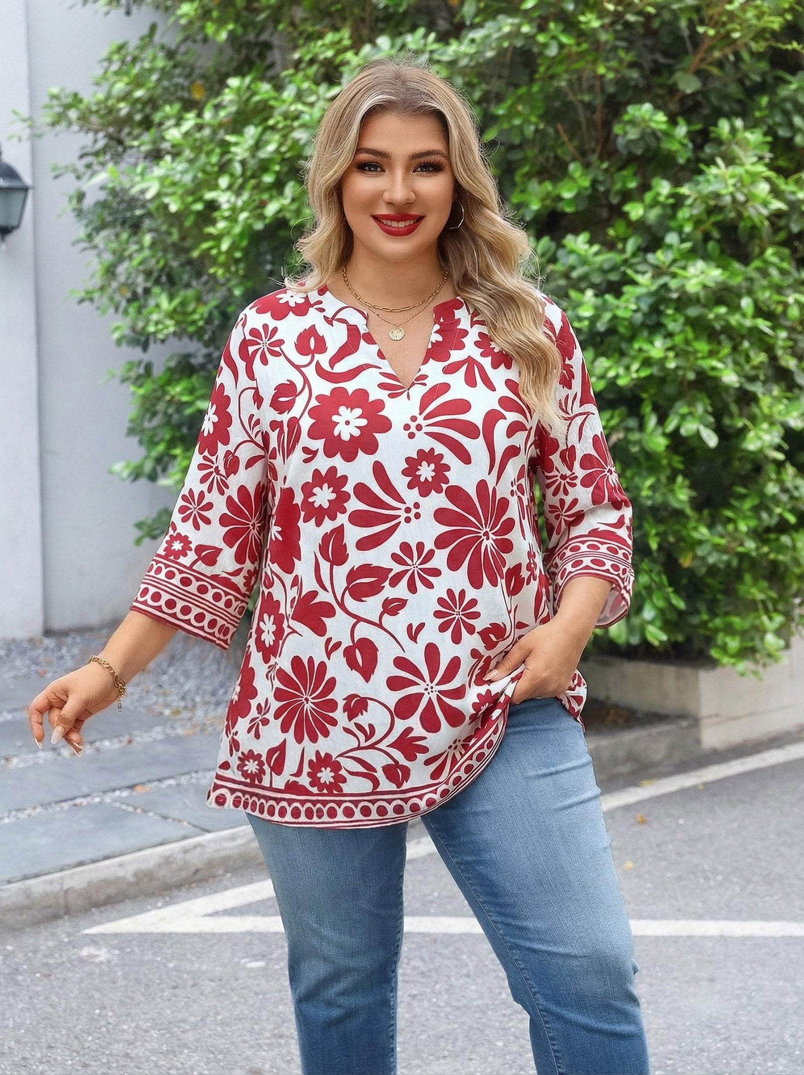 Plus Size Tops 3/4 Sleeve Boho Blouses Dressy Casual V Neck Tunic Loose Fit Floral Peasant Shirts