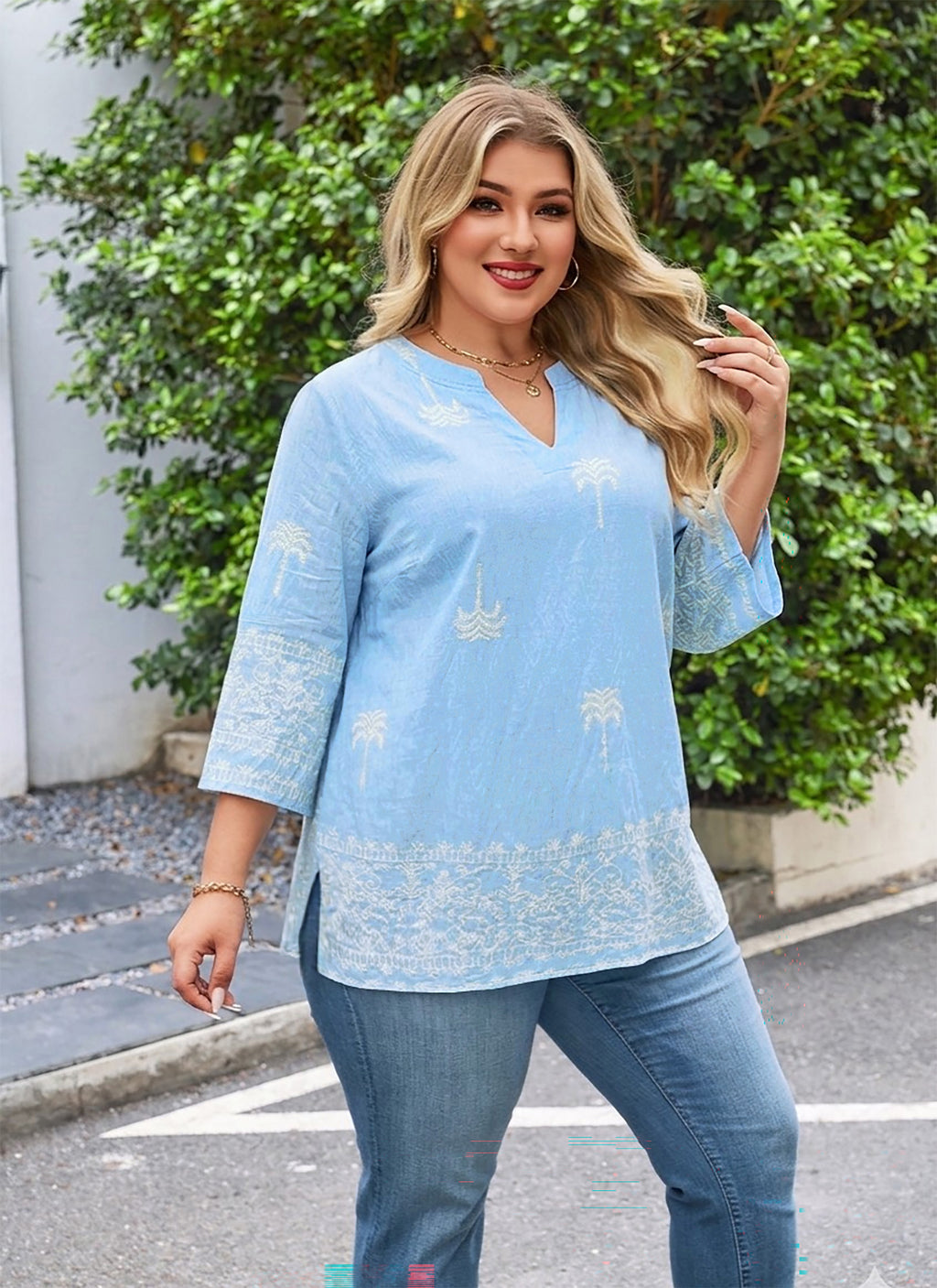 Plus Size Tops 3/4 Sleeve Boho Blouses Dressy Casual V Neck Tunic Loose Fit Floral Peasant Shirts