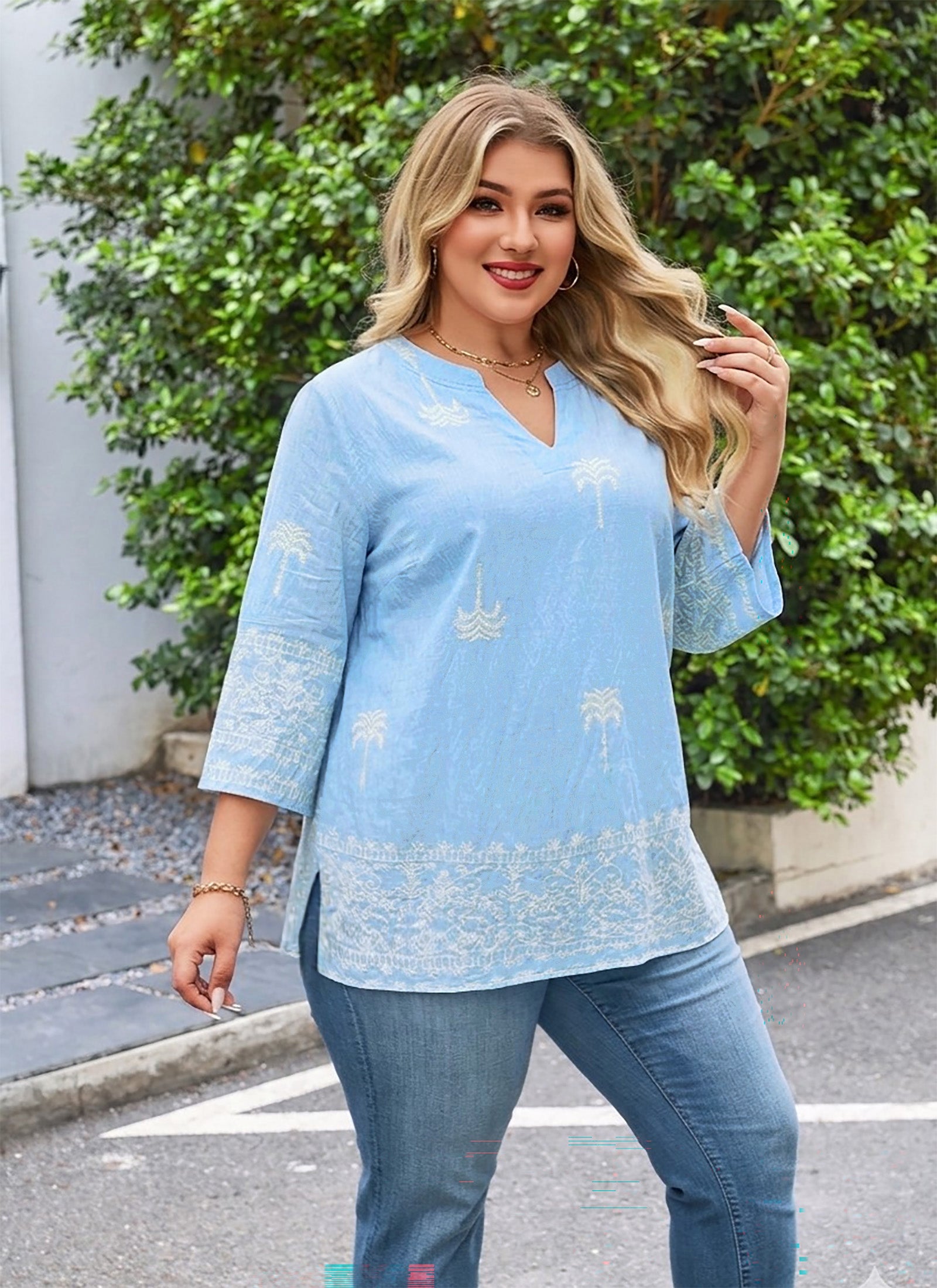 Plus Size Tops 3/4 Sleeve Boho Blouses Dressy Casual V Neck Tunic Loose Fit Floral Peasant Shirts