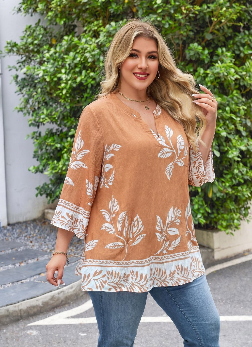Plus Size Tops 3/4 Sleeve Boho Blouses Dressy Casual V Neck Tunic Loose Fit Floral Peasant Shirts